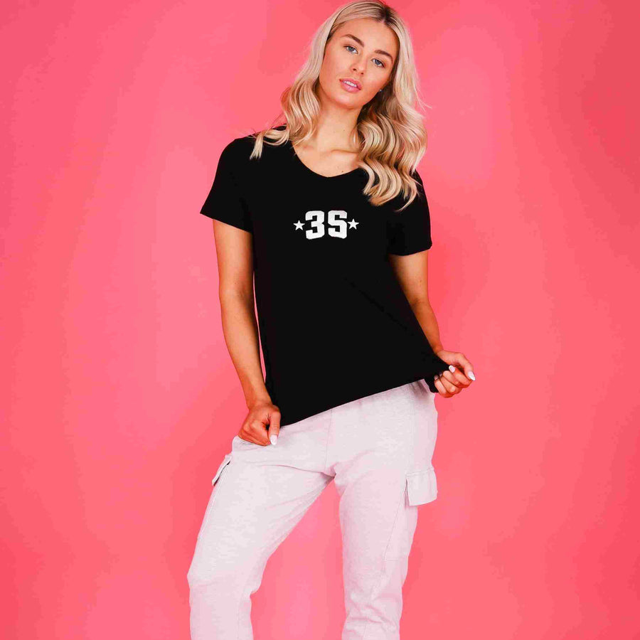 Madelyn 3S Puffy Logo V Neck T Shirt size guide