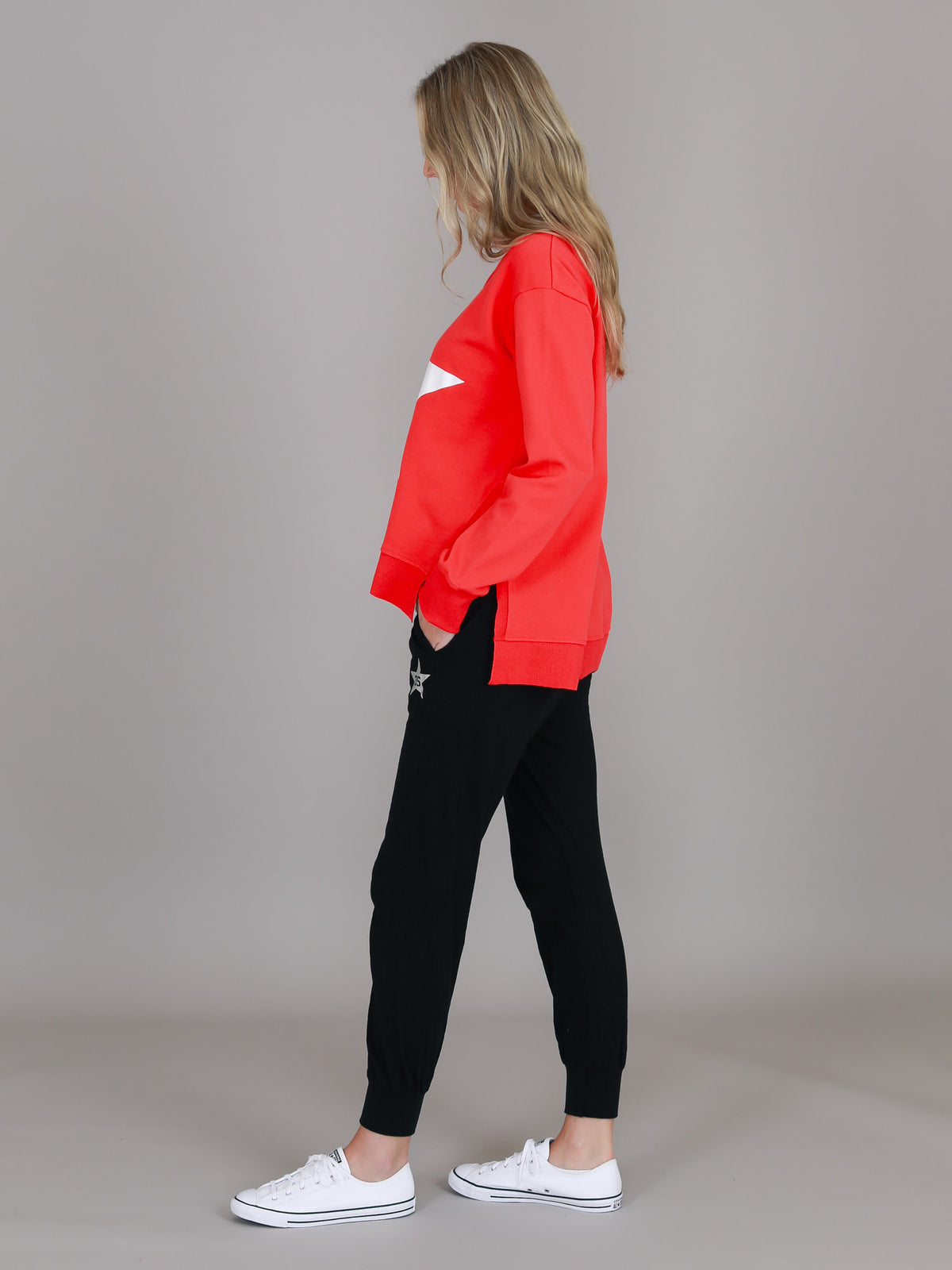 red crew neck sweatshirt