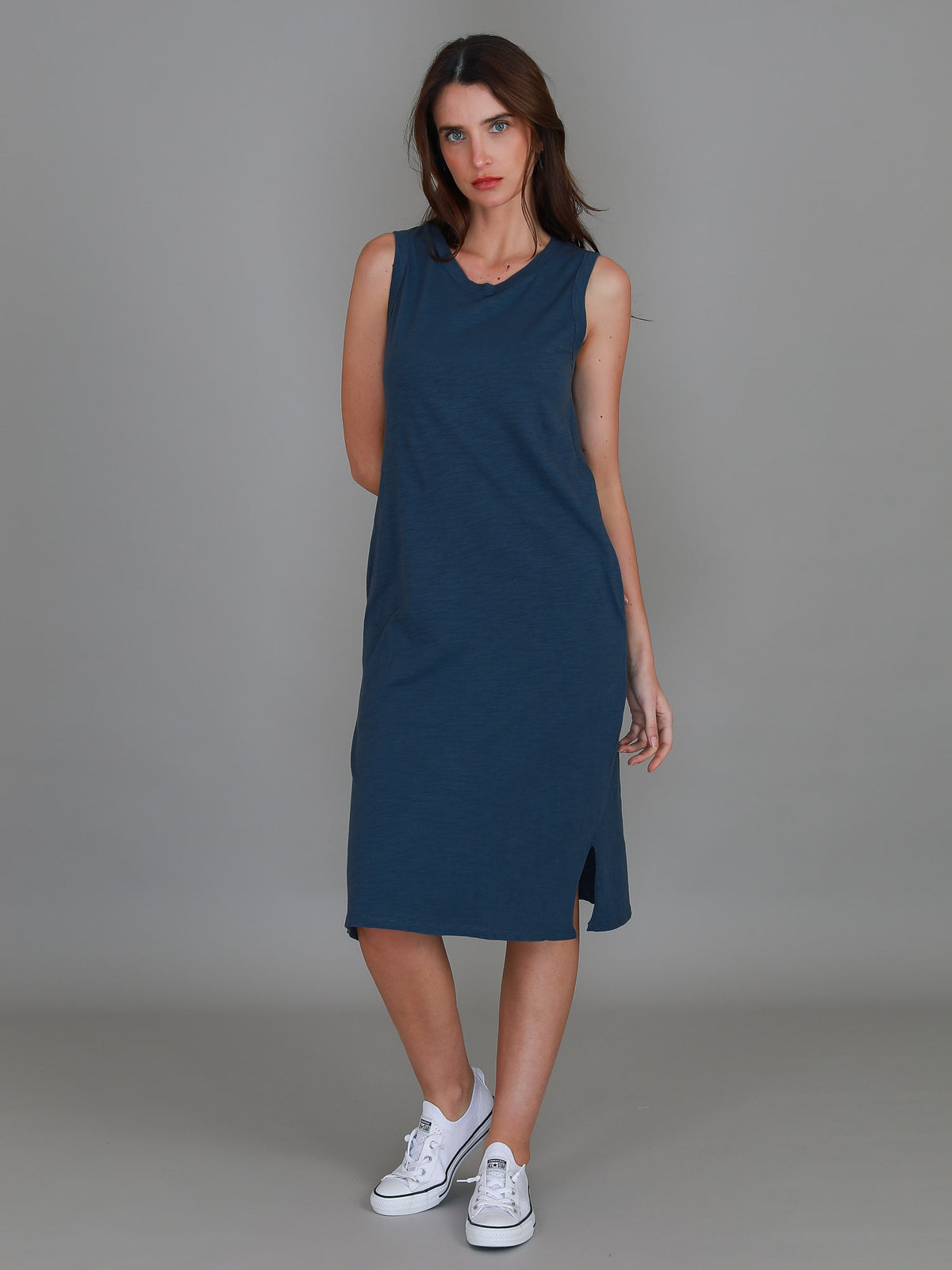indigo sleeveless dress