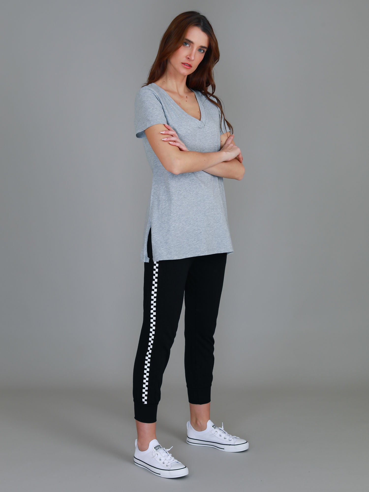 v neck shirt womens #color_grey marle