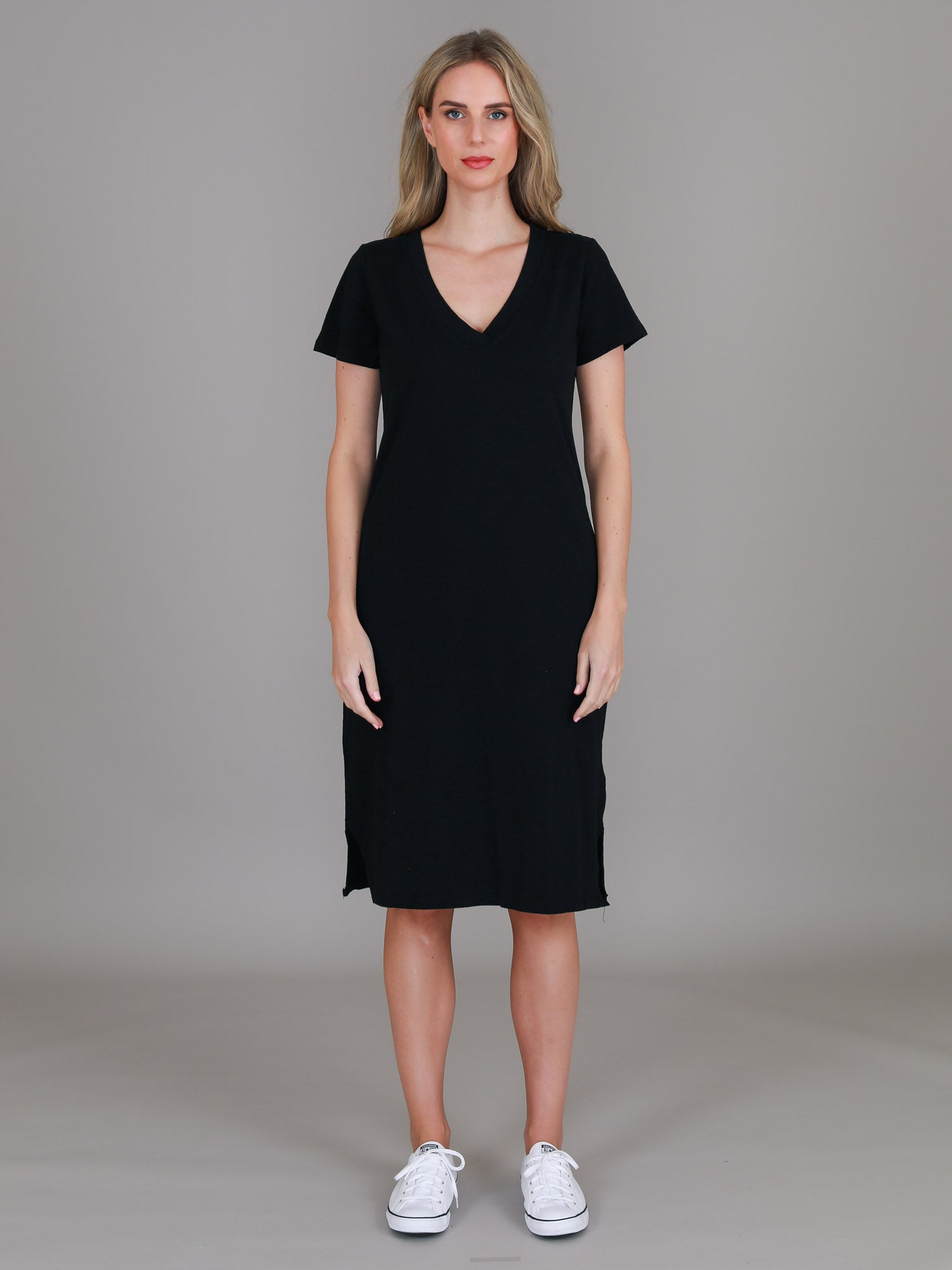 v neck dress midi #color_black