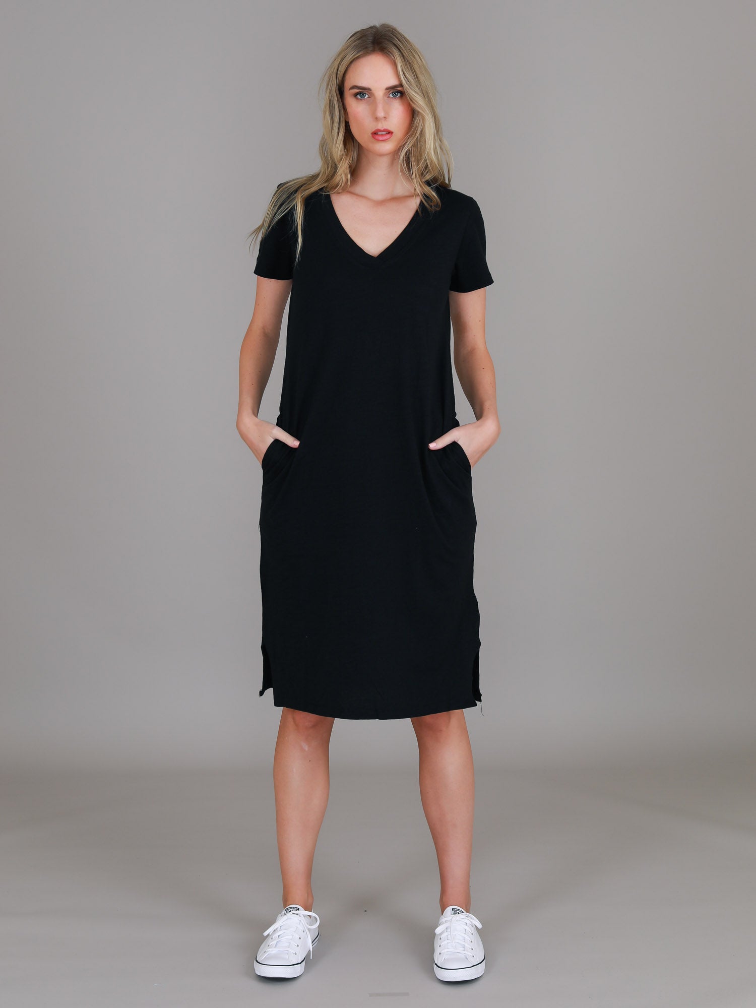 black v neck dress #color_black