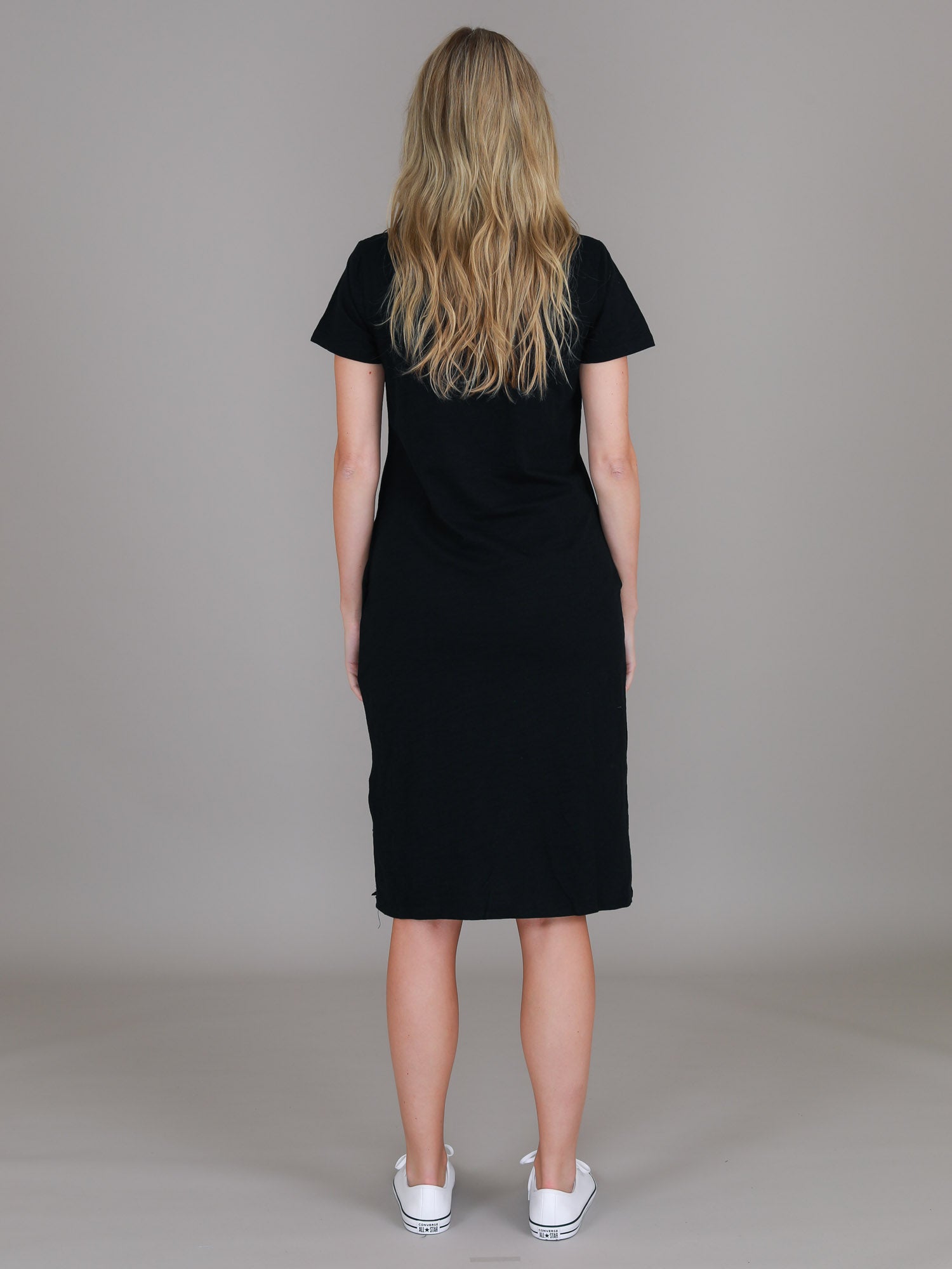 v neck midi dress #color_black