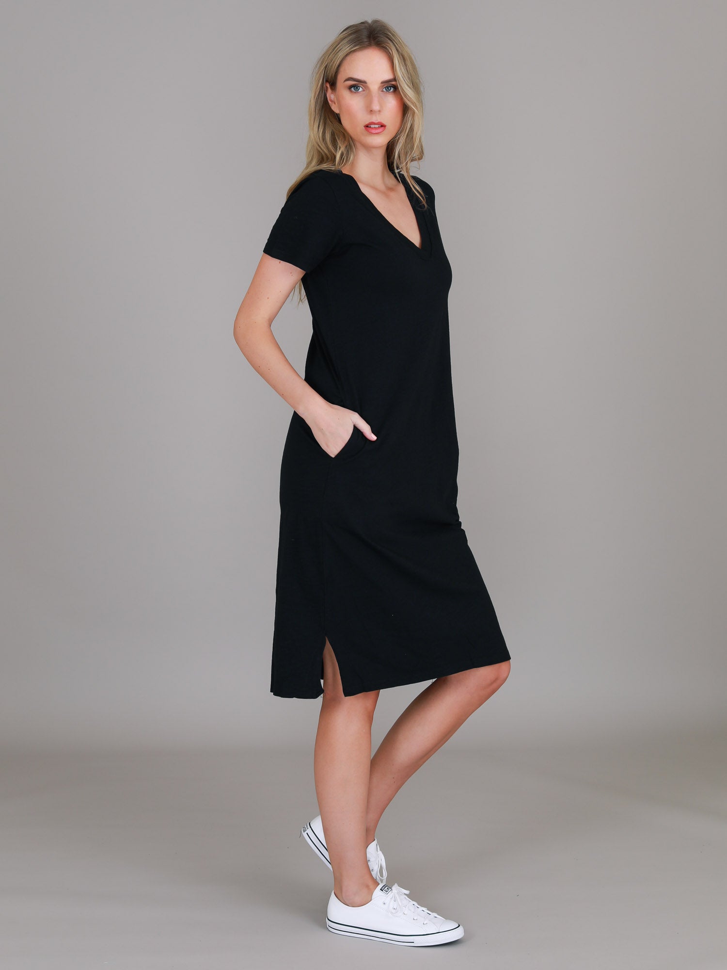 v neck black dress #color_black