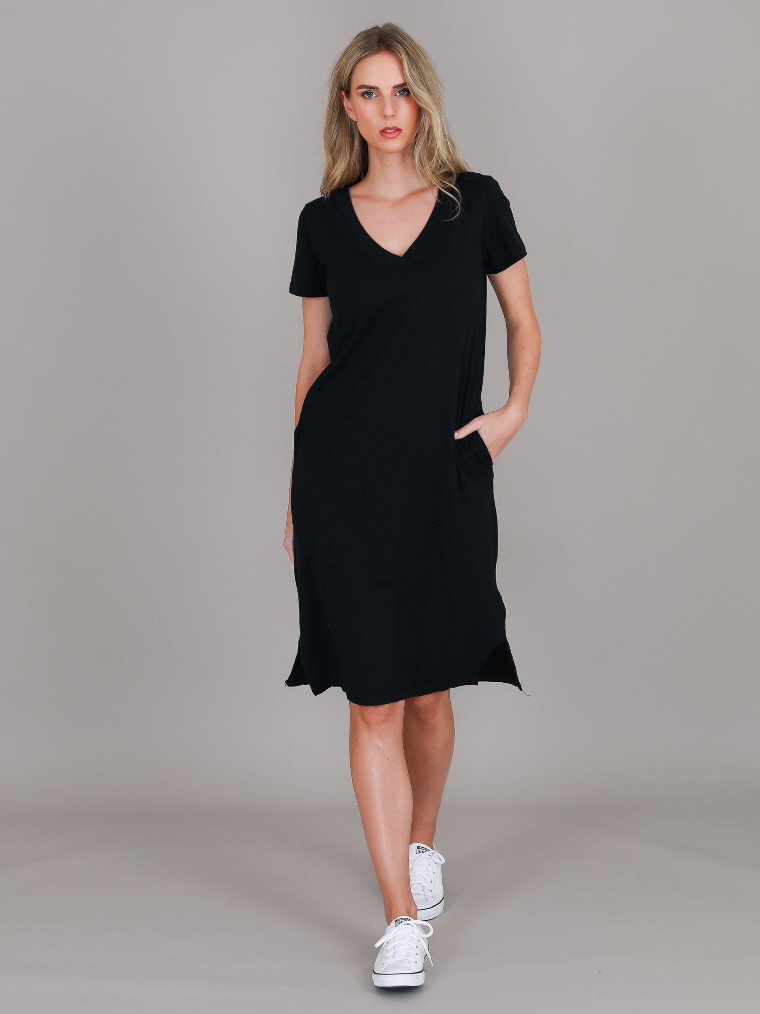 v neck black dress #color_black