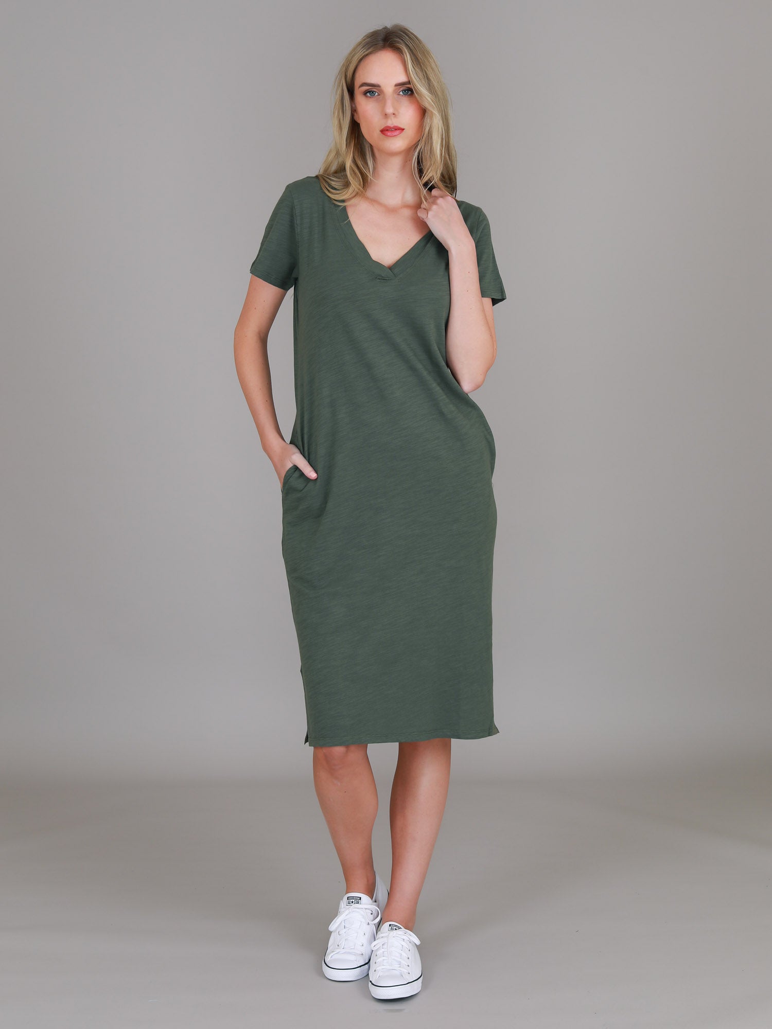 green v neck dress #color_khaki