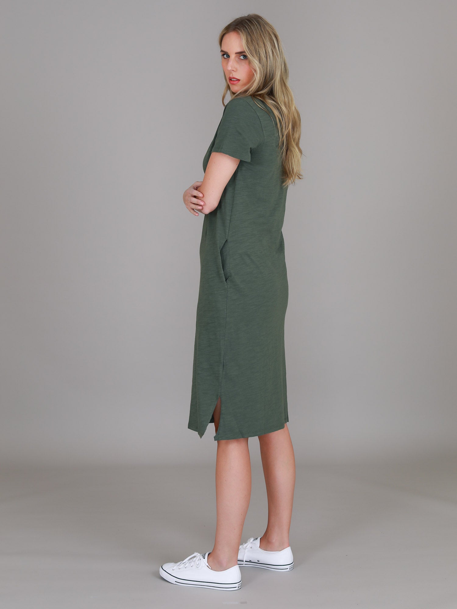 green dress v neck #color_khaki