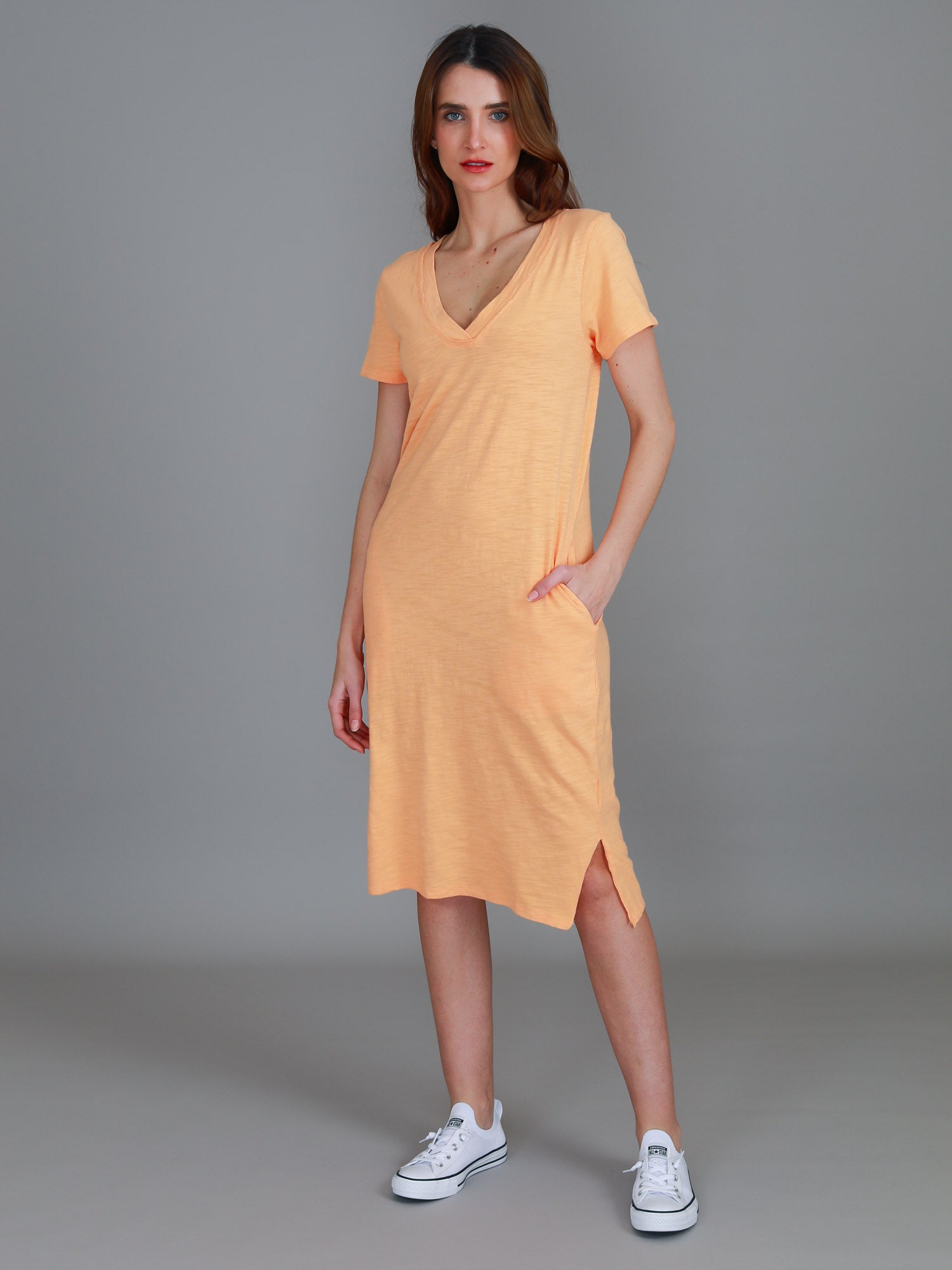 orange midi dress #color_melon