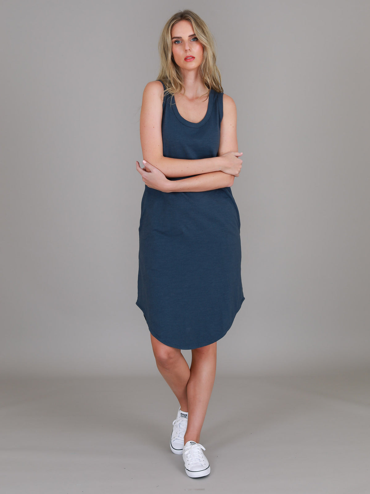 indigo scoop neck dress