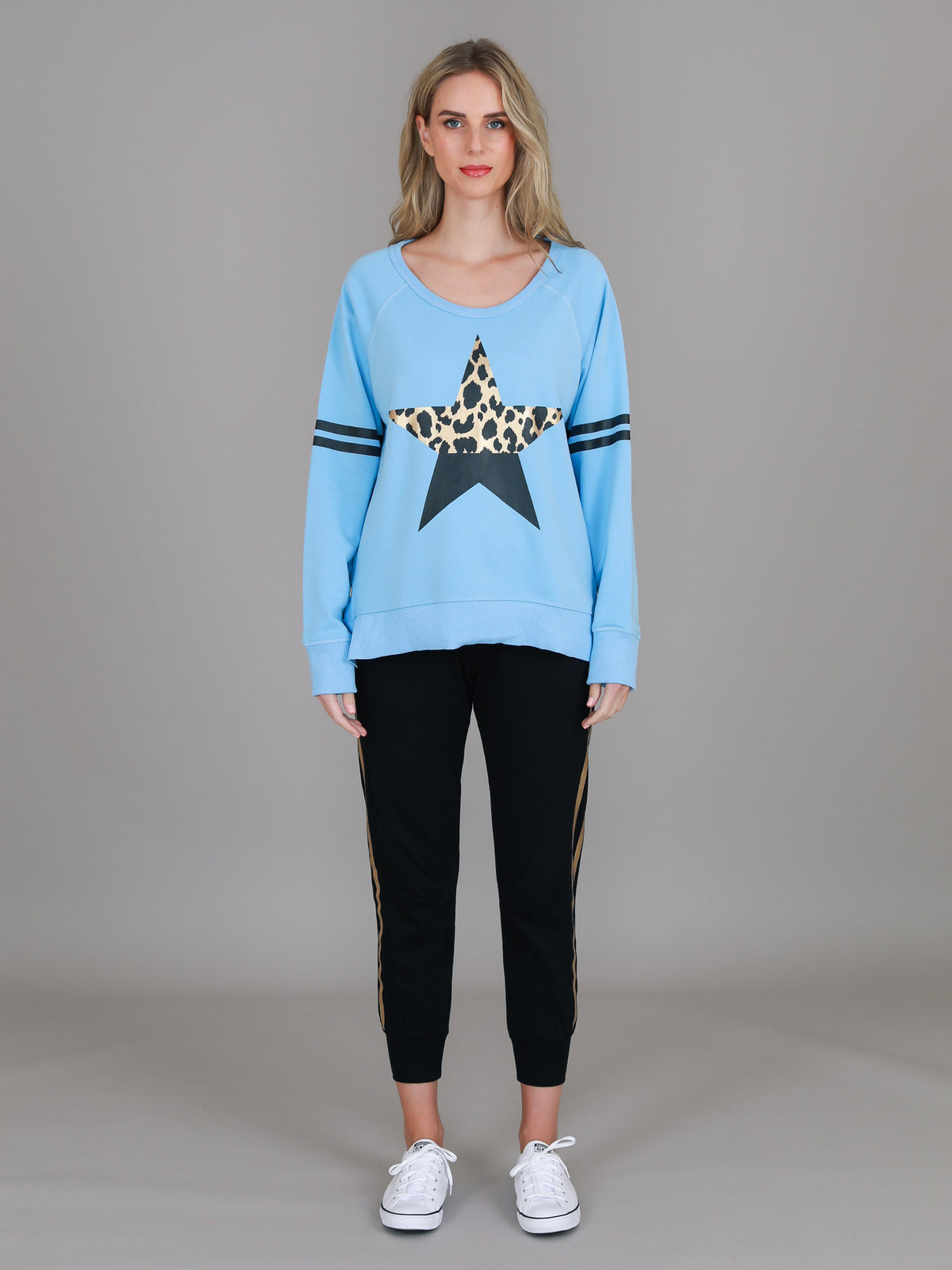bright blue sweatshirt