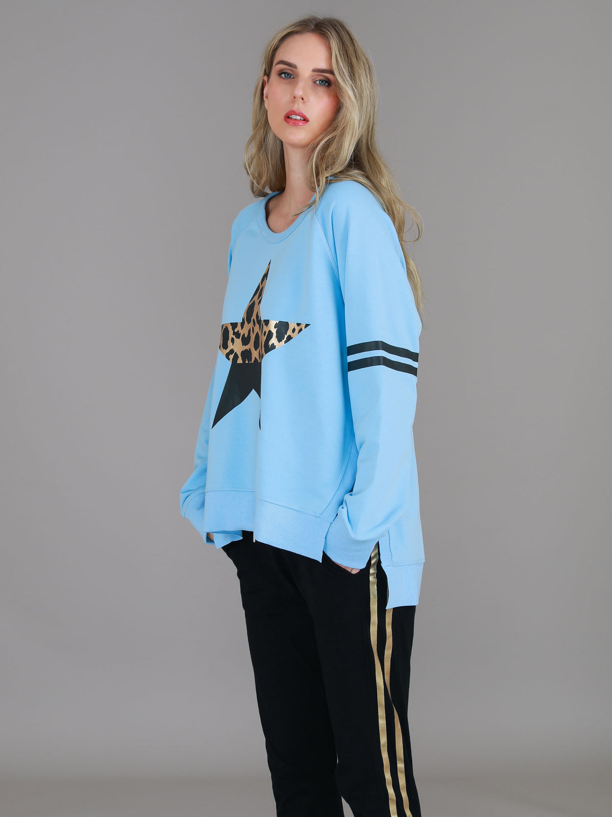 light blue sweatshirt