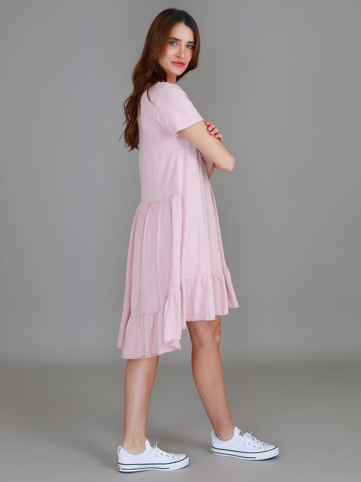 pink crew neck dress