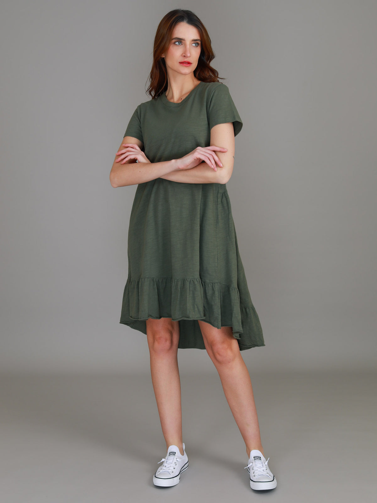 green crew neck dress