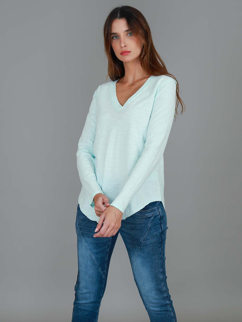 blue mint v neck long sleeve tee #color_blue mint