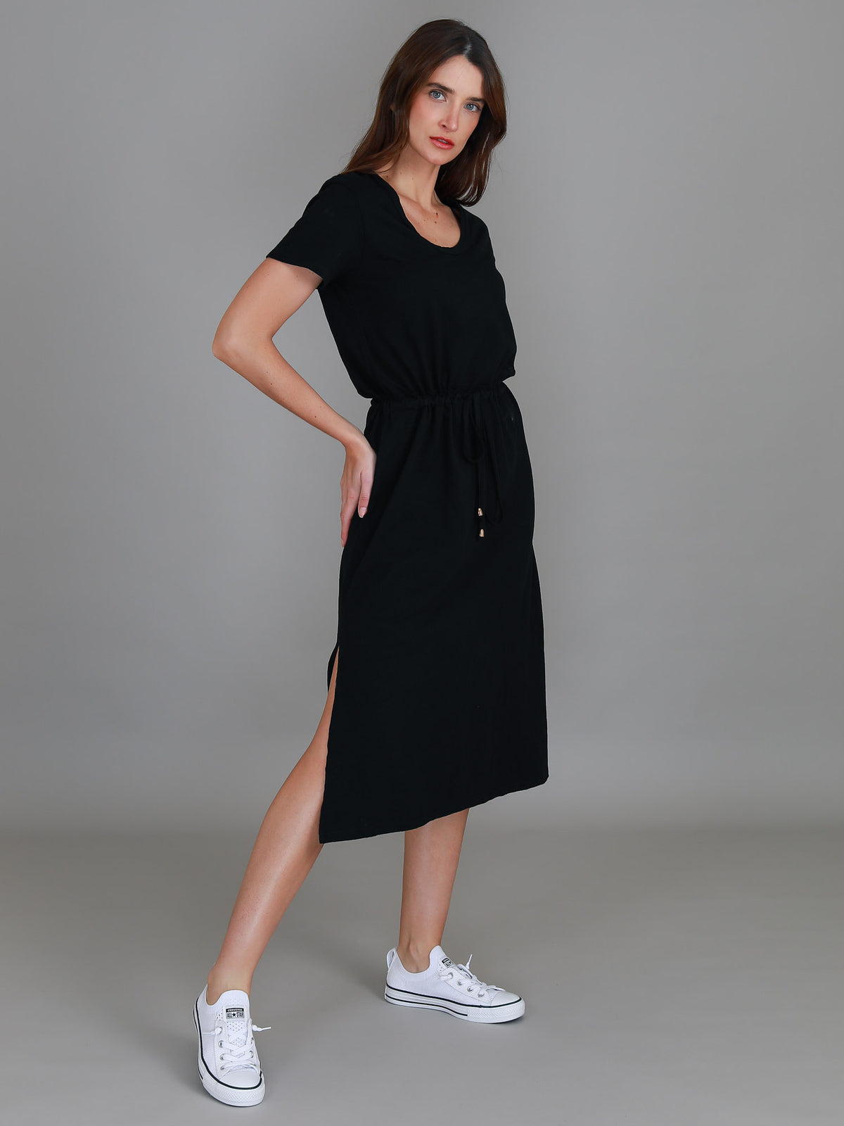 black scoop neck midi dress