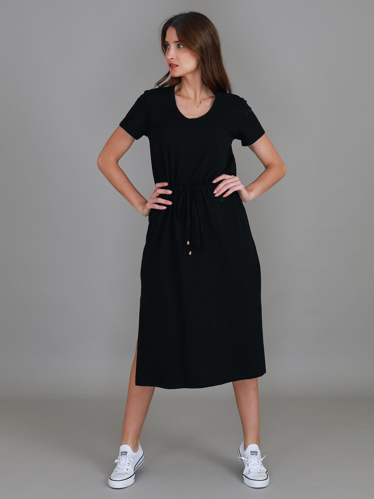 black drawstring midi dress