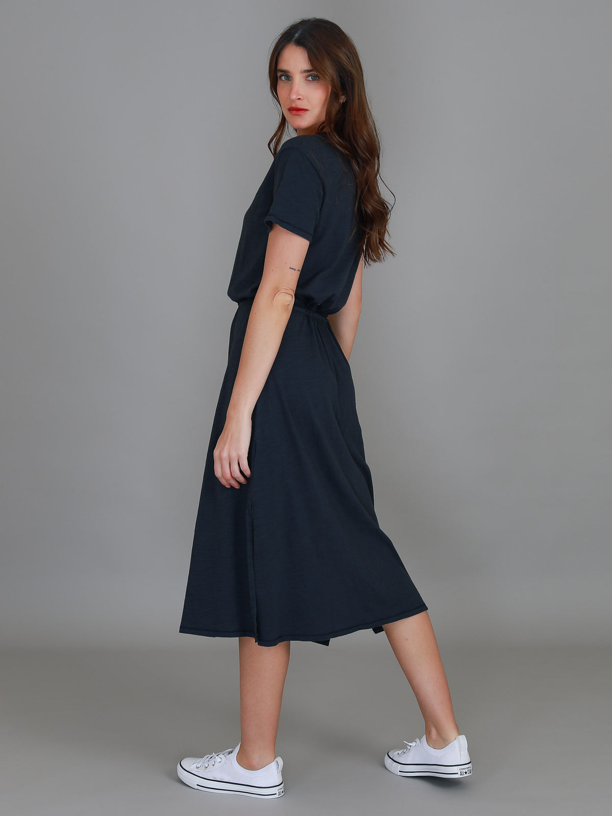 navy scoop neck midi dress