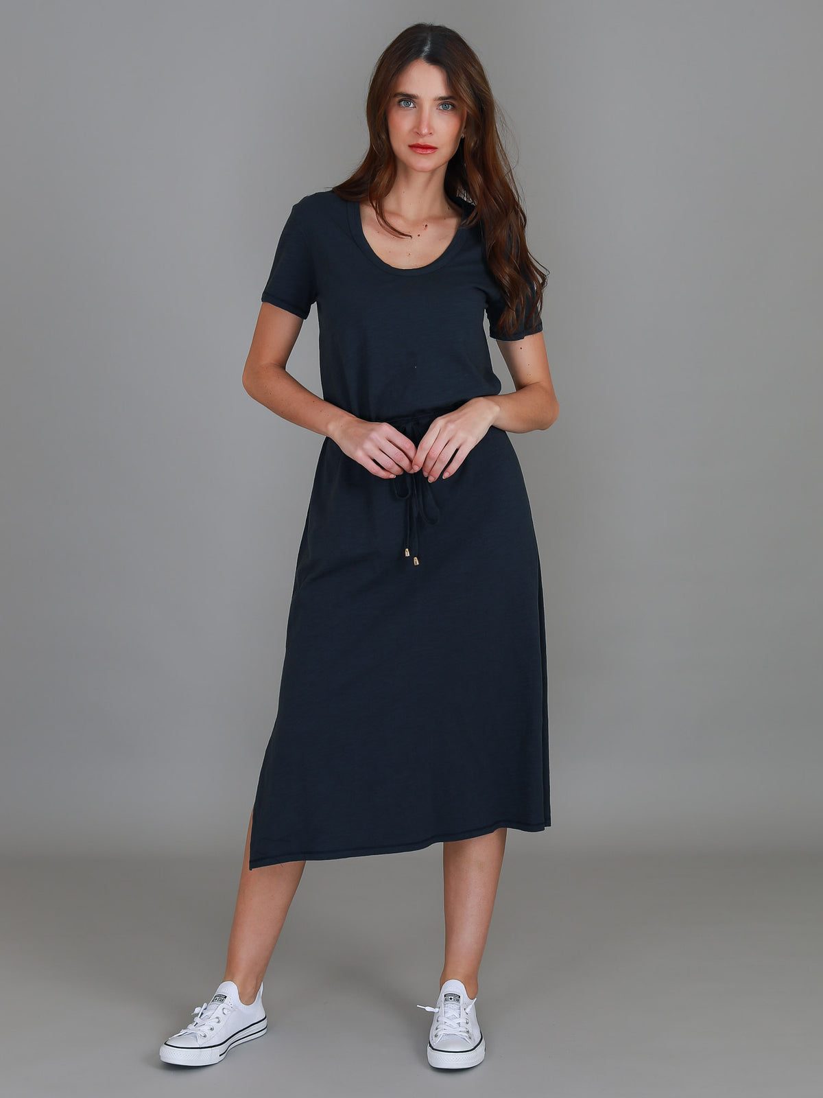 ink drawstring midi dress