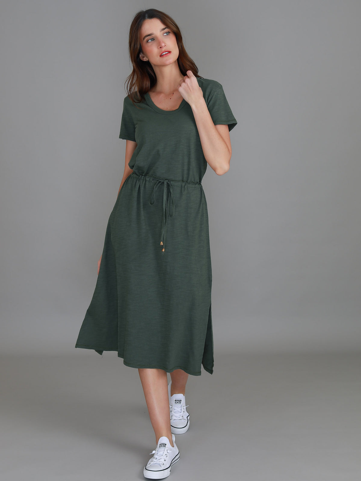 green scoop neck midi dress