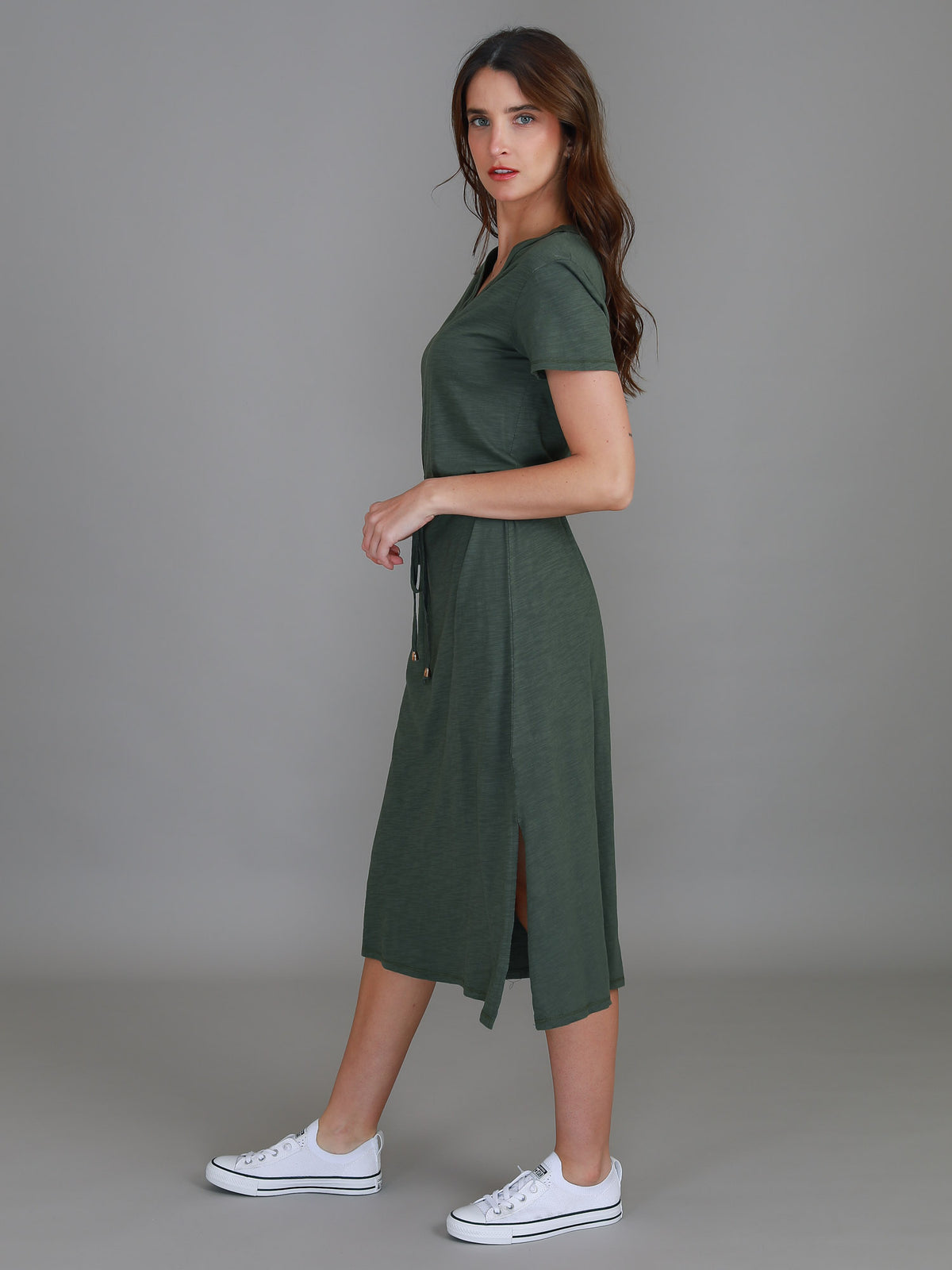 green drawstring midi dress