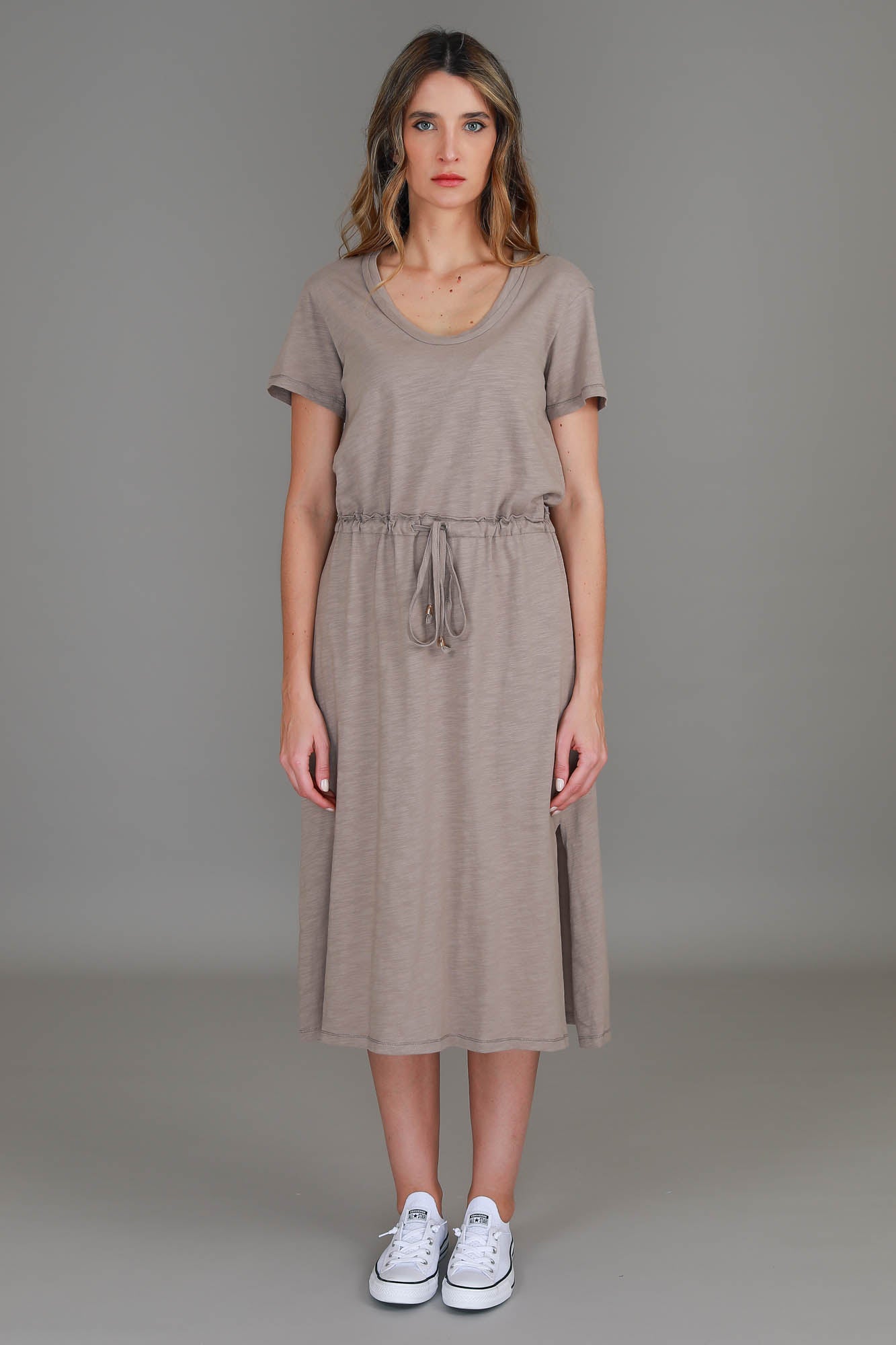 drawstring dress with sleeves #color_pebble