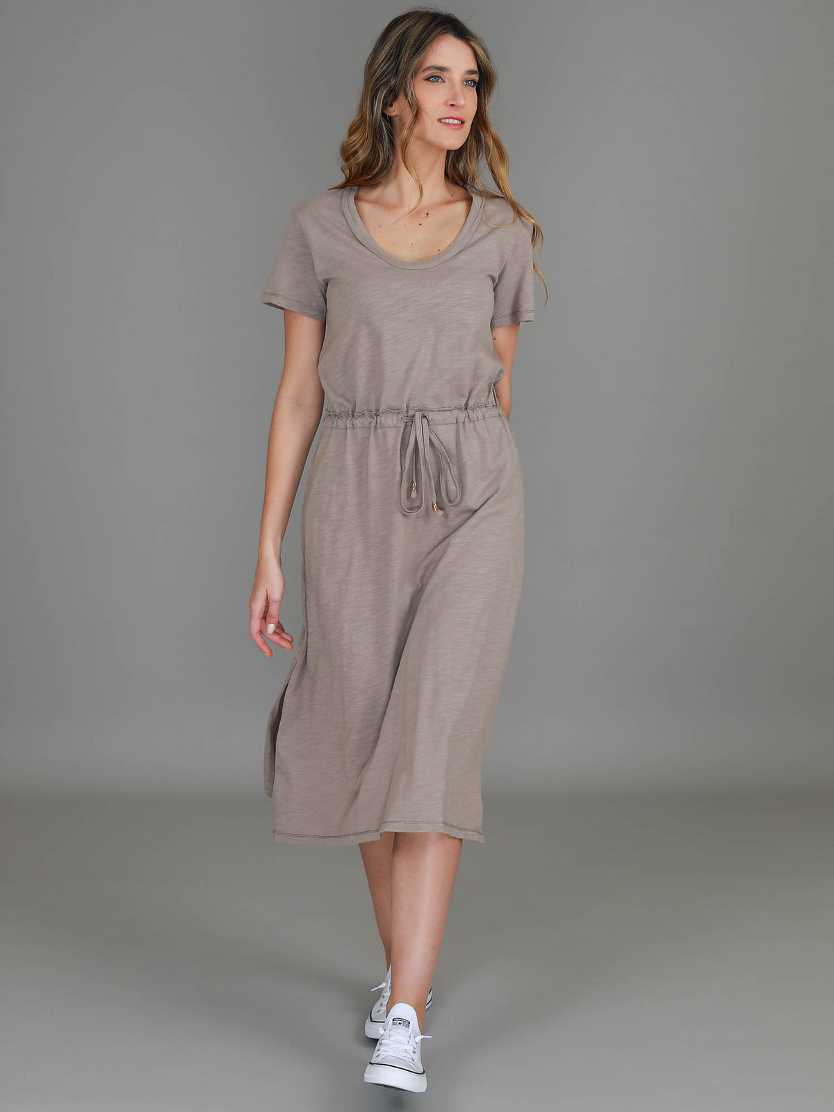 beige drawstring dress