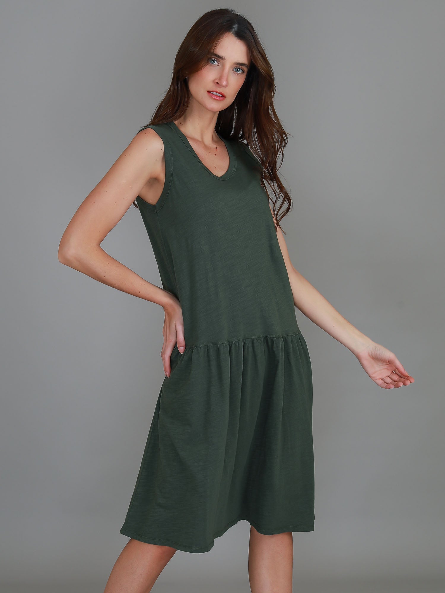 drop hem dress #color_khaki