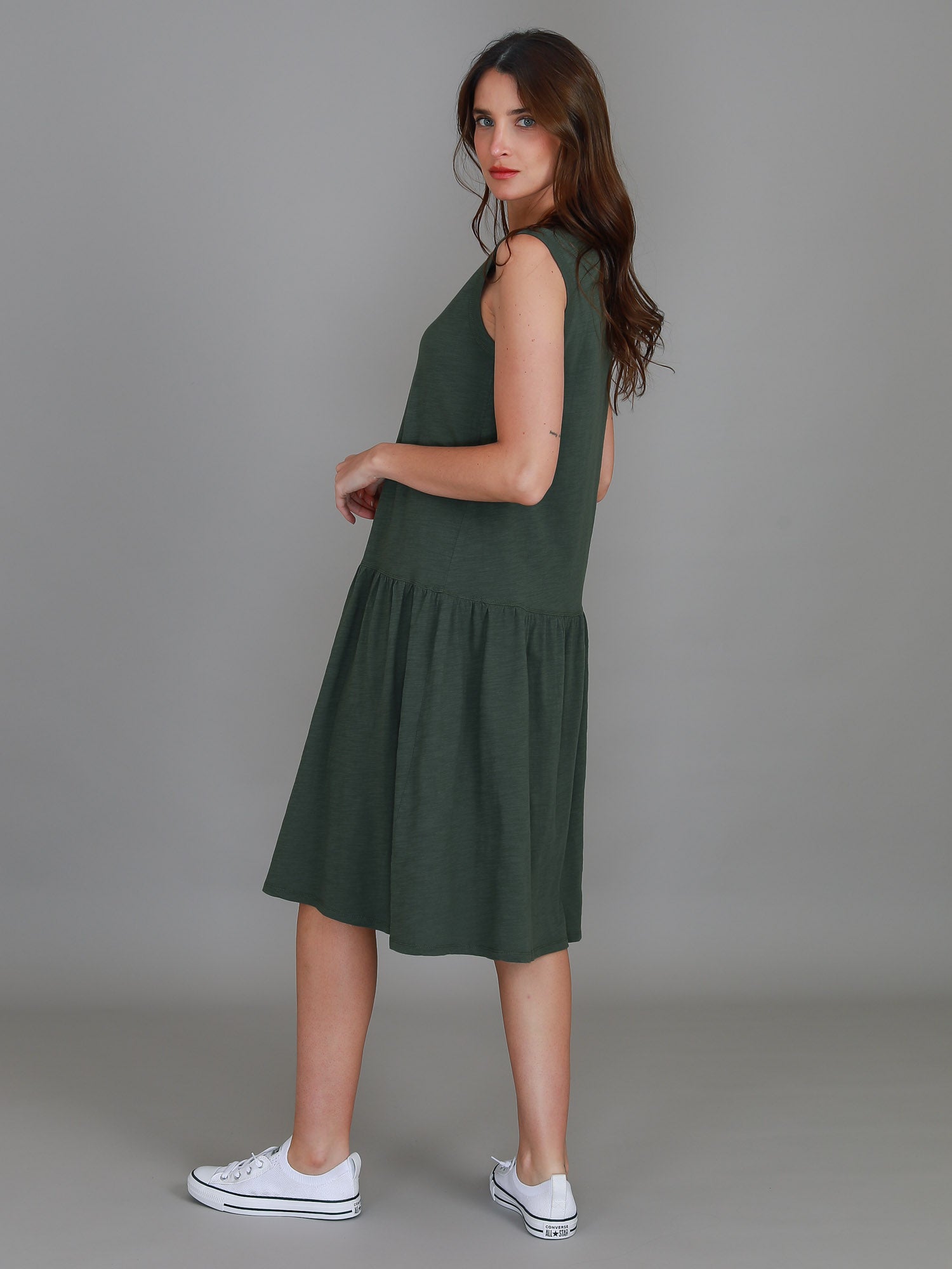 drop waist midi dress #color_khaki