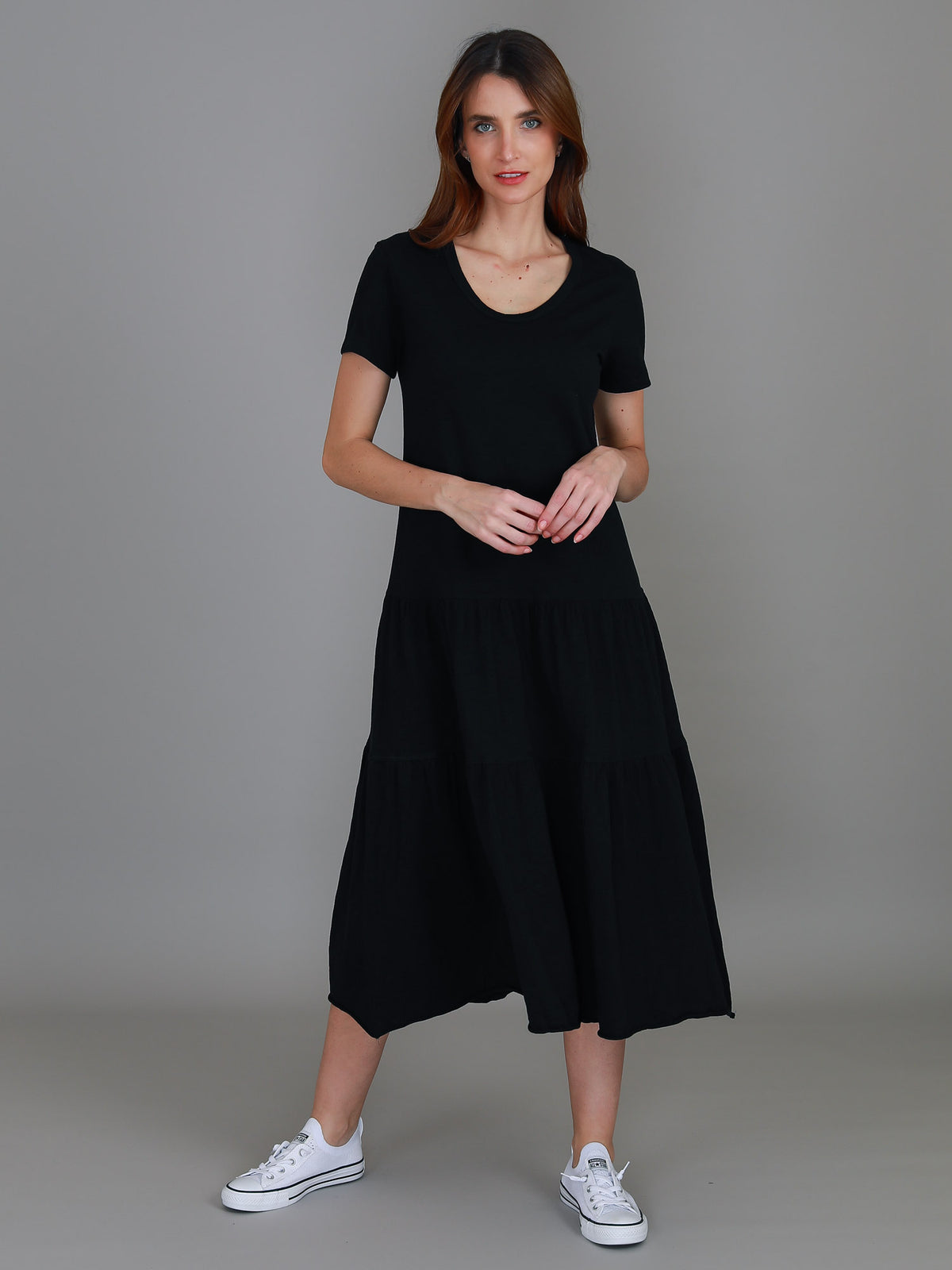 tiered black midi dress