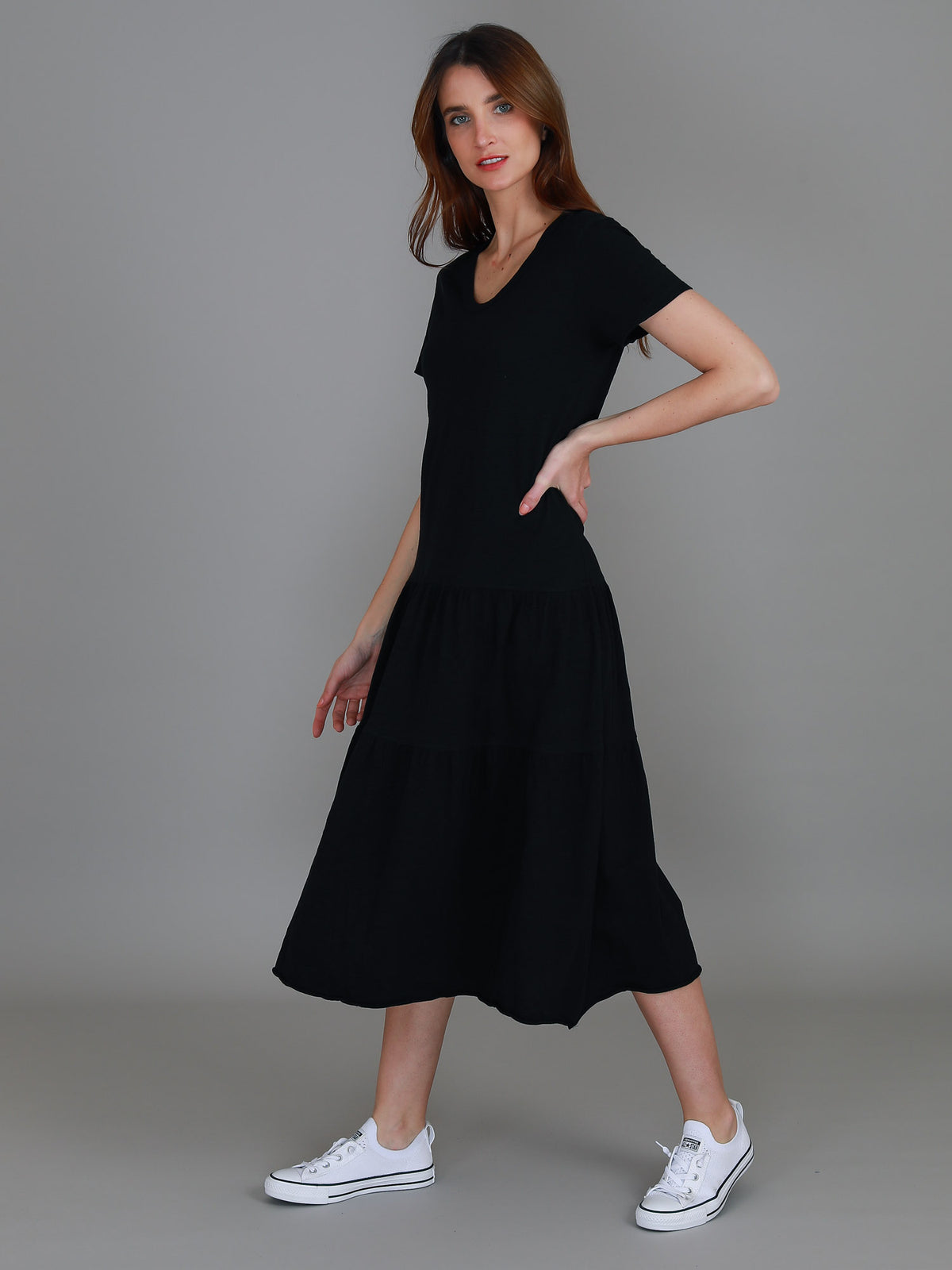 black scoop neck dress