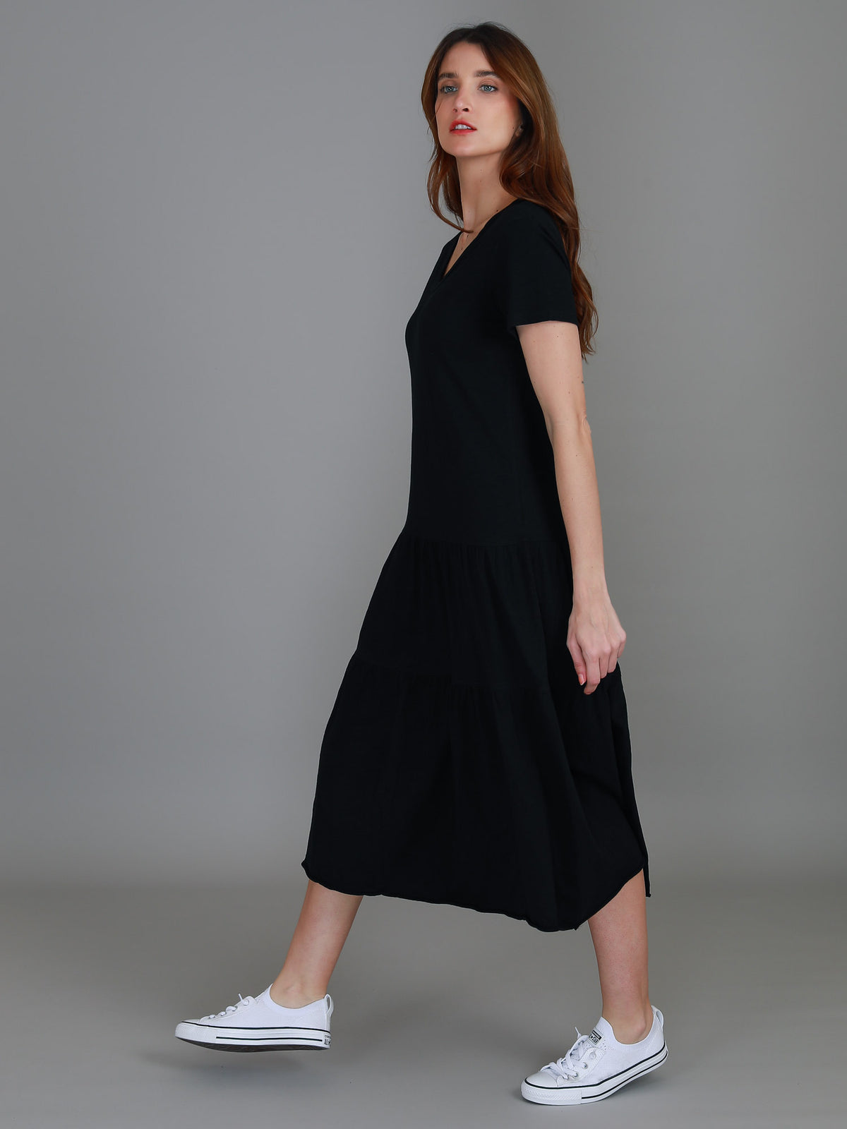 black short sleeve midi dress