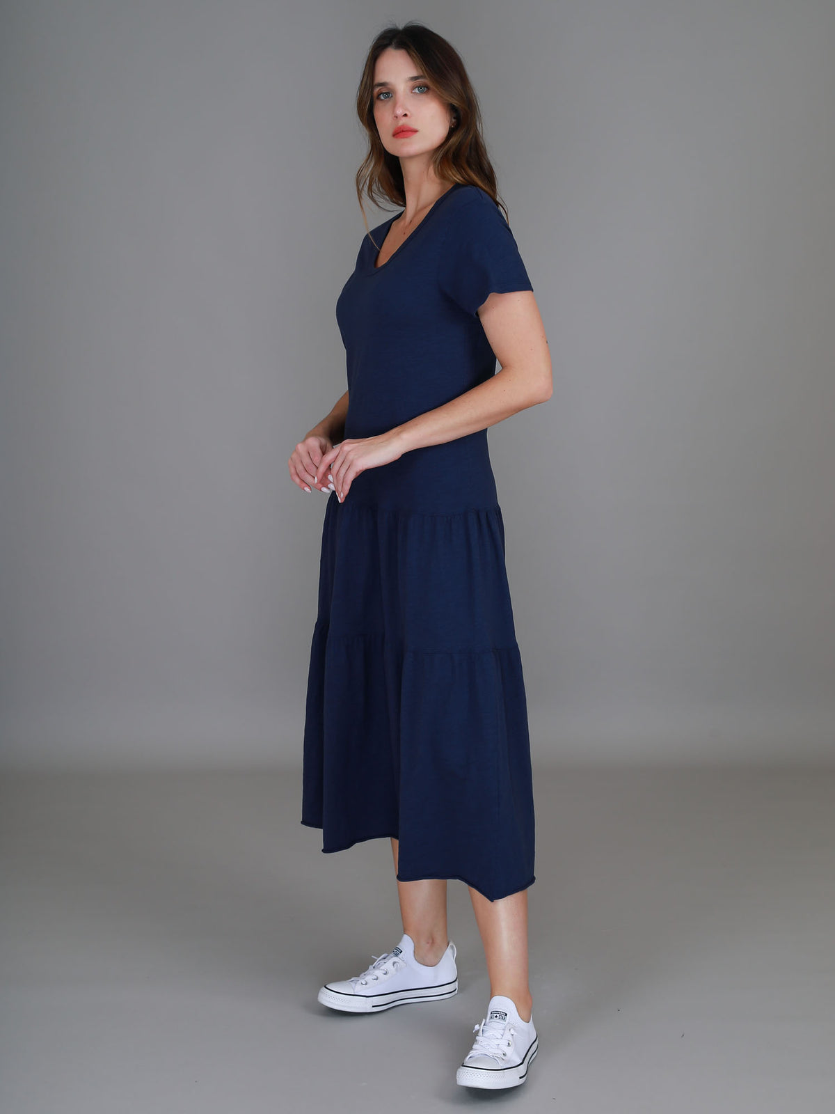 navy short sleeve midi dress #color_navy