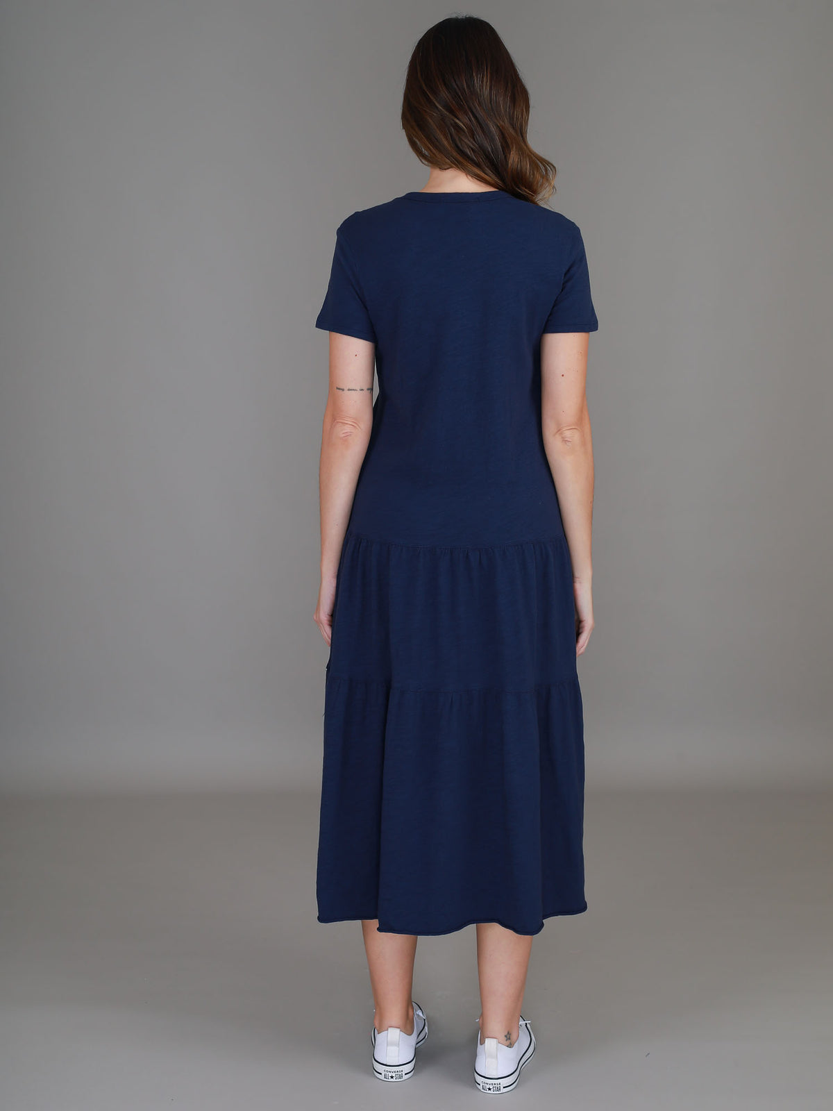 navy tiered midi dress womens #color_navy