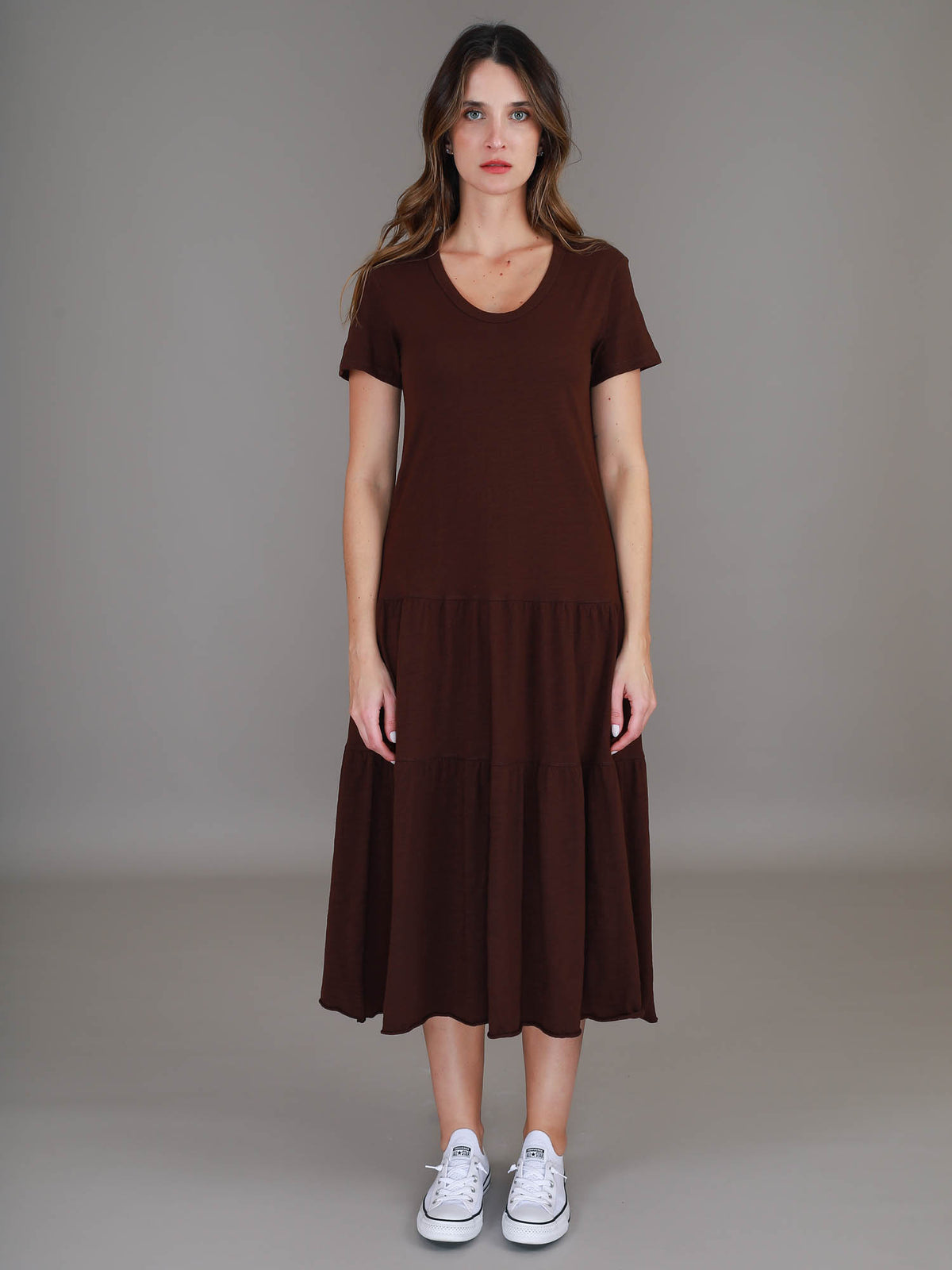 brown short sleeve midi dress #color_truffle