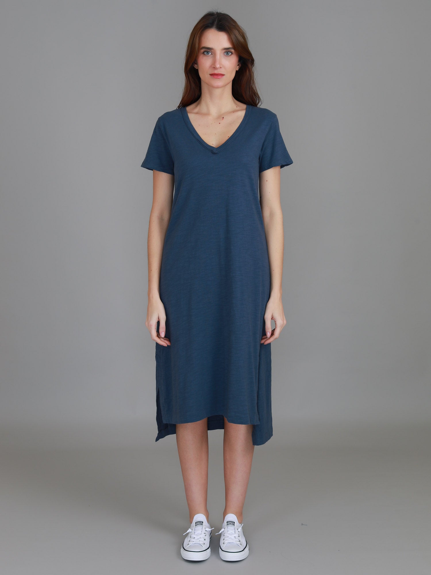 v neck short sleeve dress #color_indigo