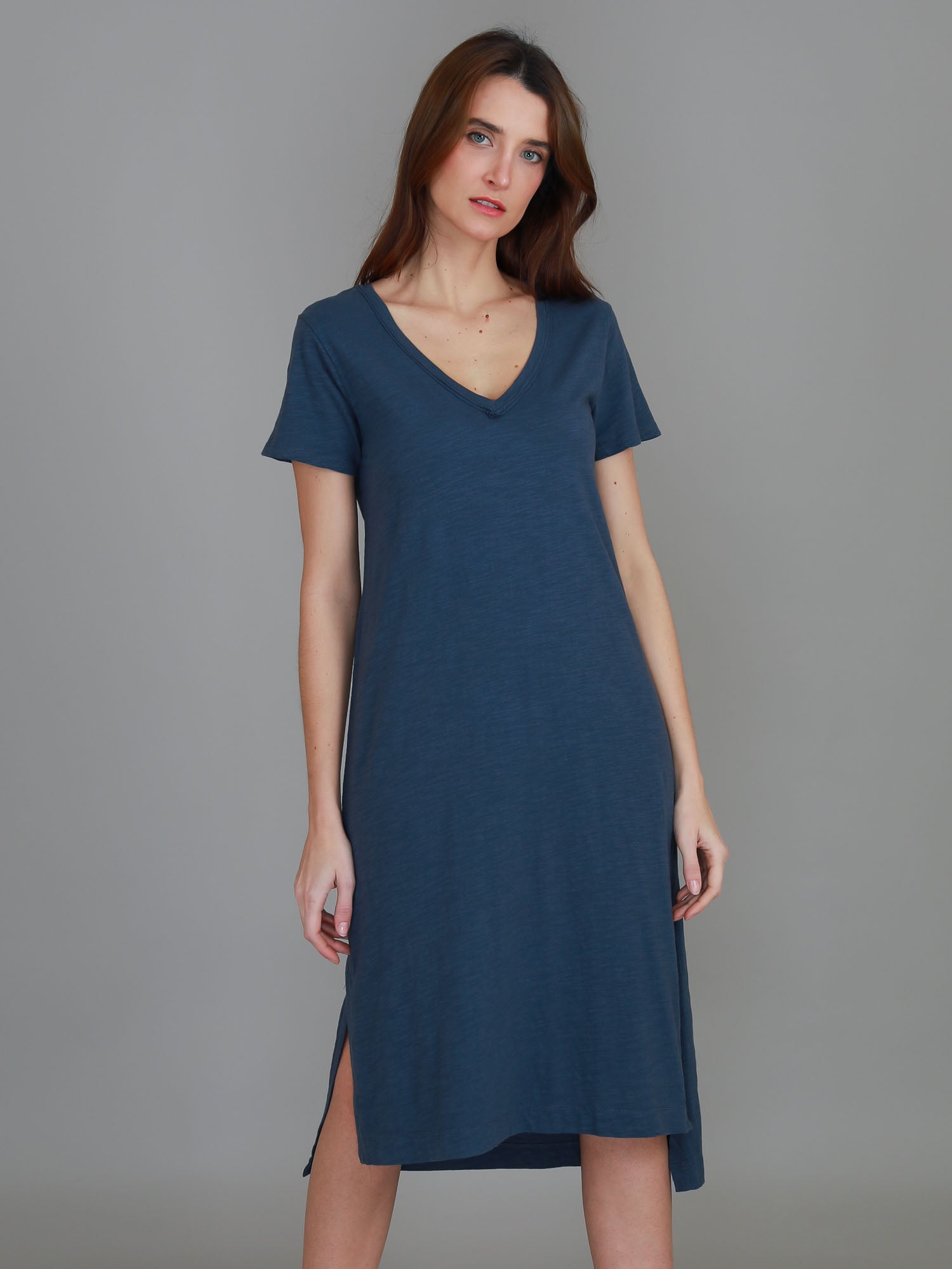 v neck dress with sleeves #color_indigo