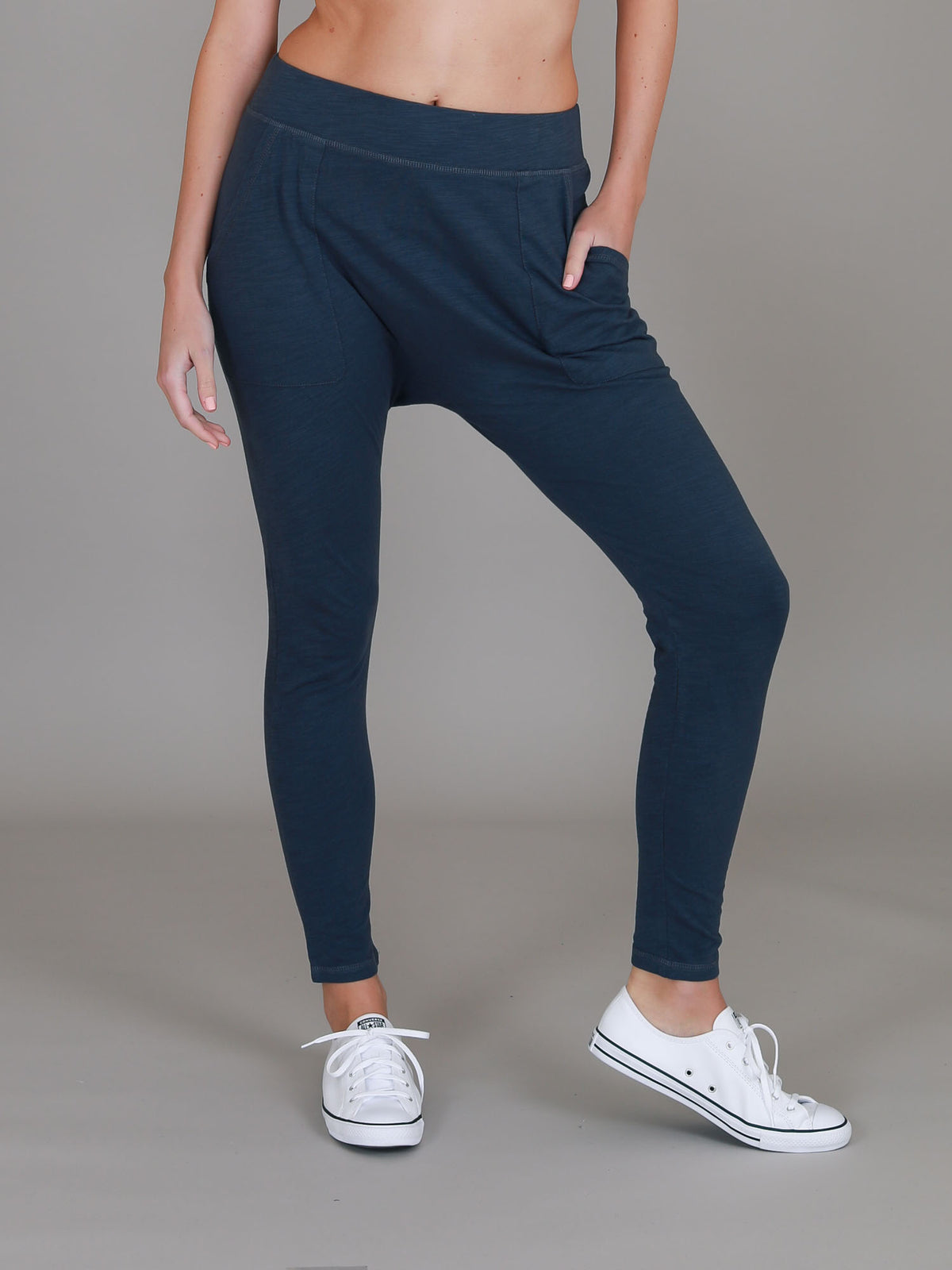 indigo drop crotch joggers