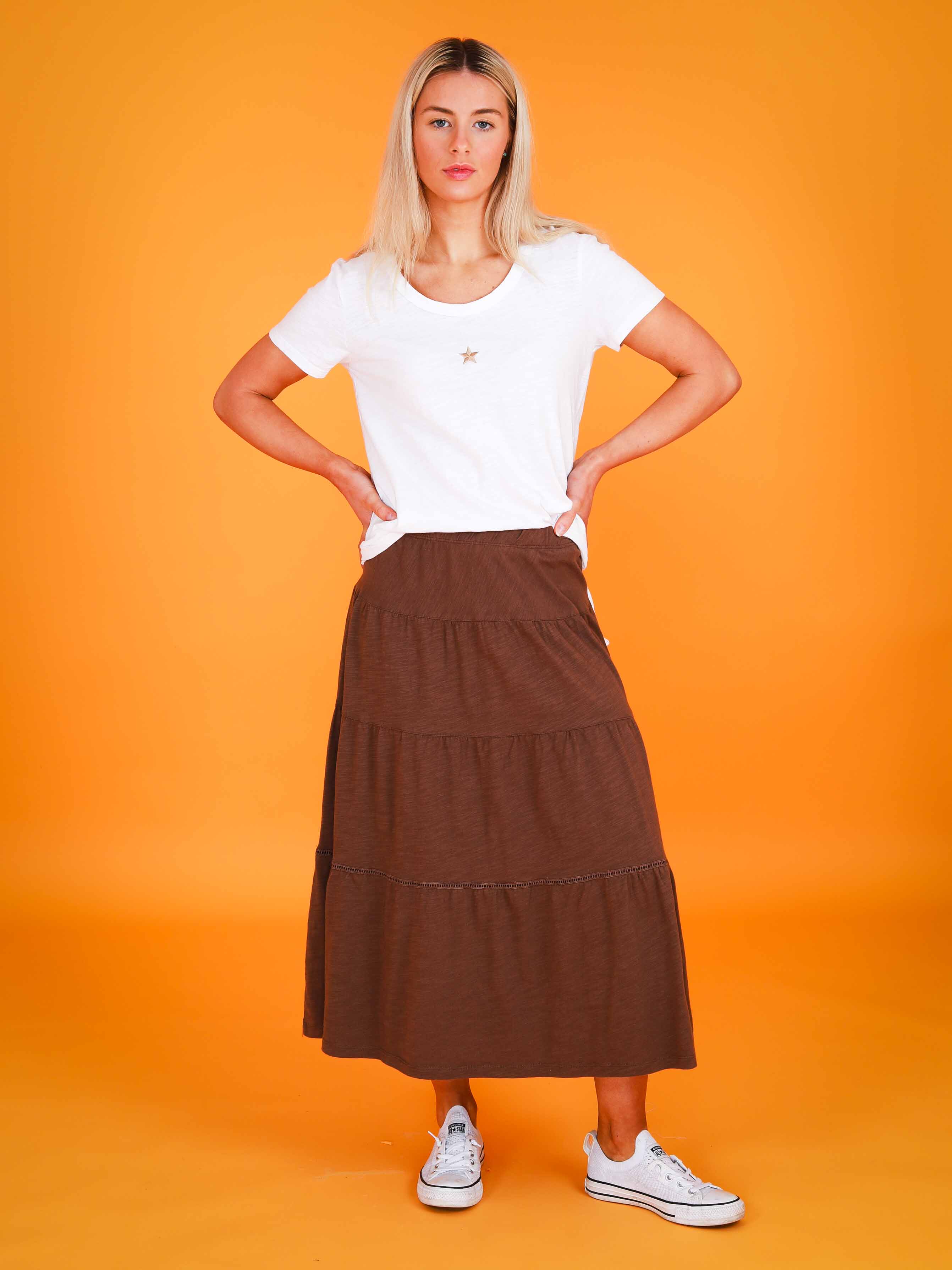 brown midi skirt #color_coffee