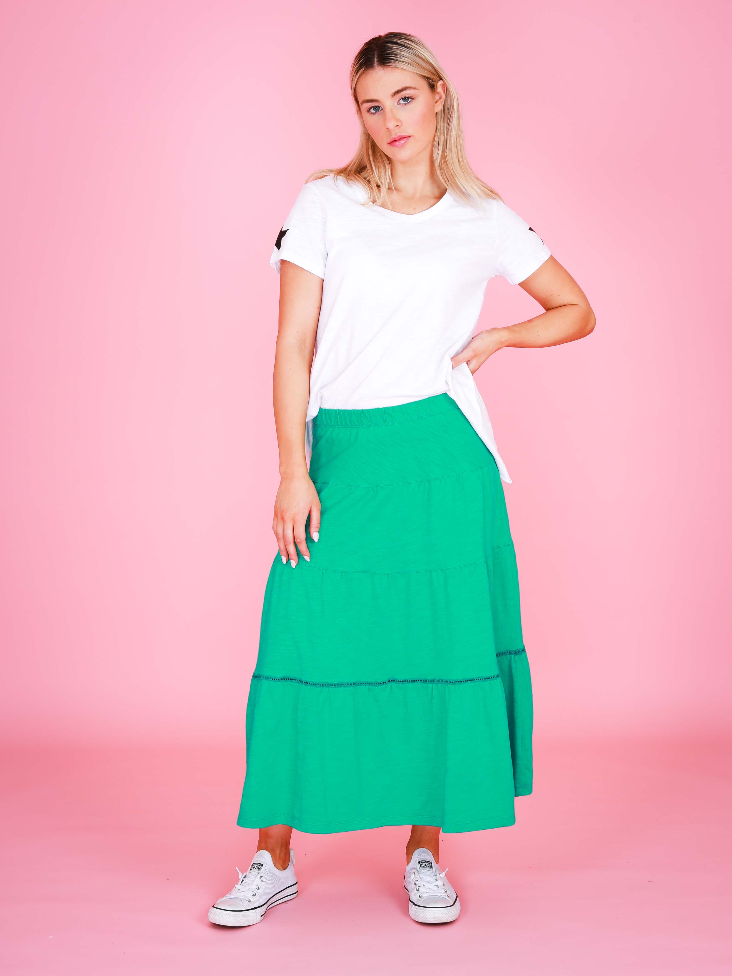 green midi skirt #color_jungle