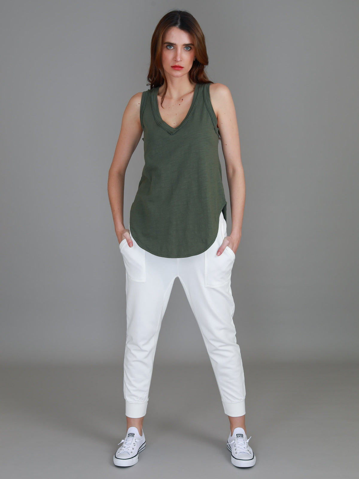 khaki v neck singlet