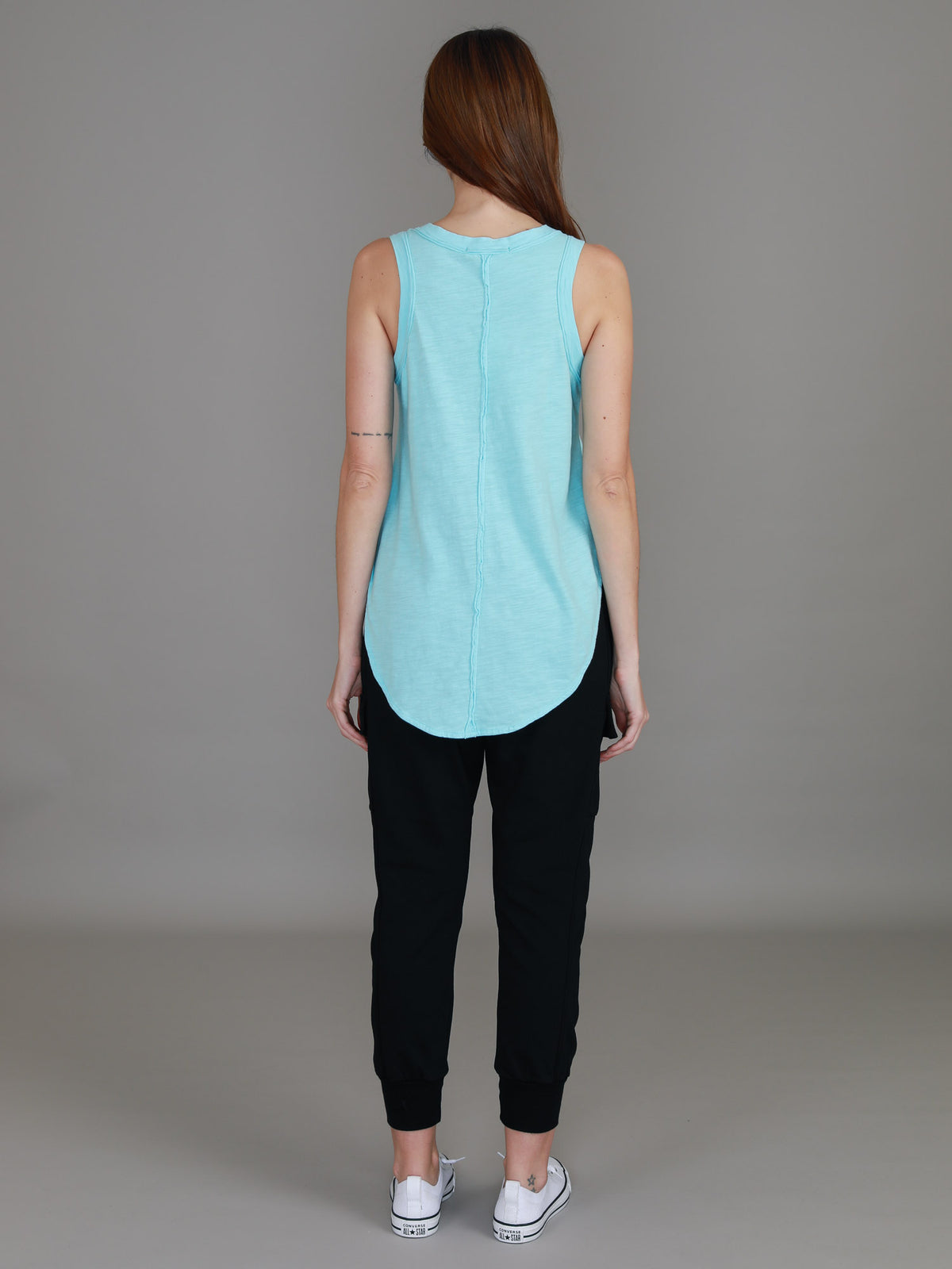blue sleeveless top