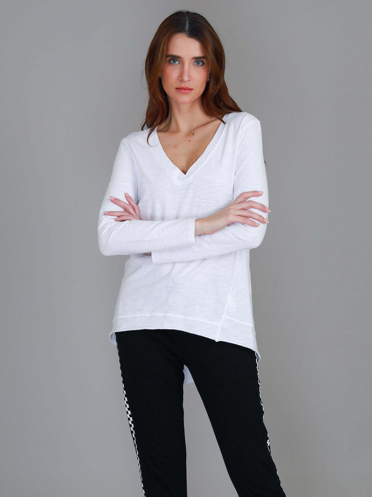 v neck long sleeve top #color_white