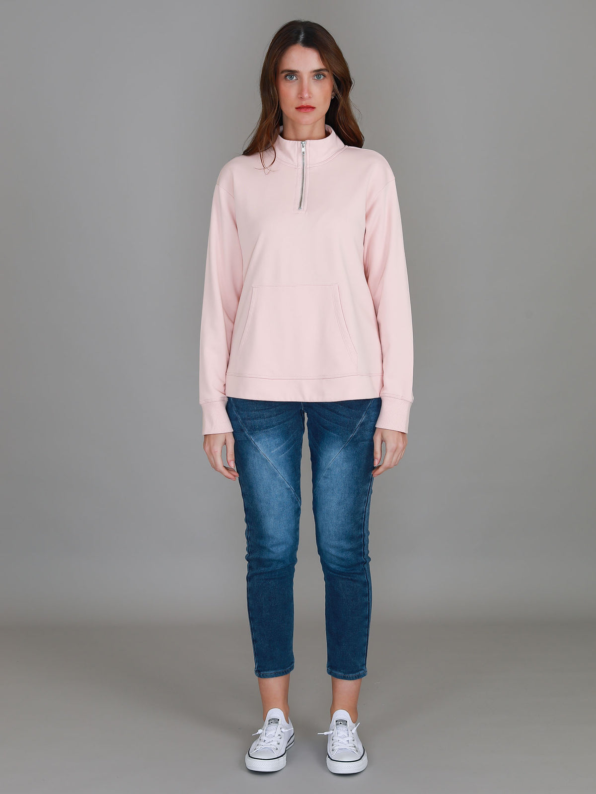 pink zip neck sweatshirt