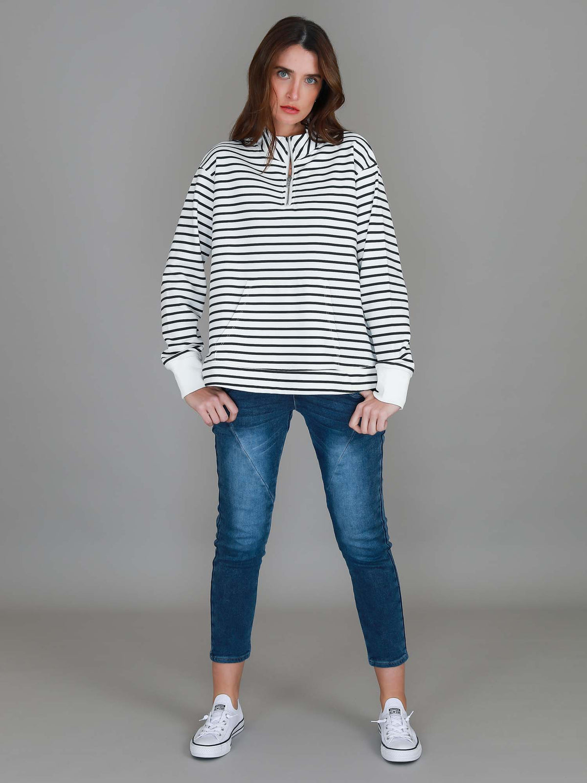 navy stripe half zip sweatshirt