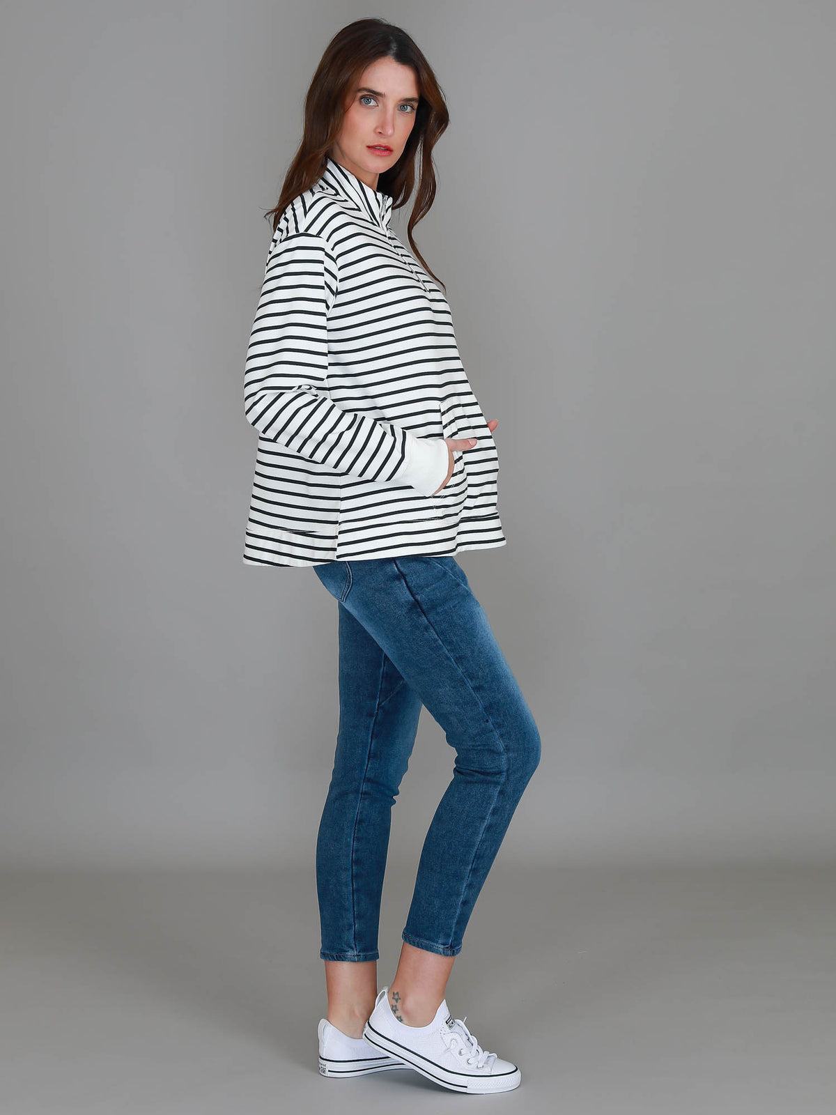 stripe french terry half zip