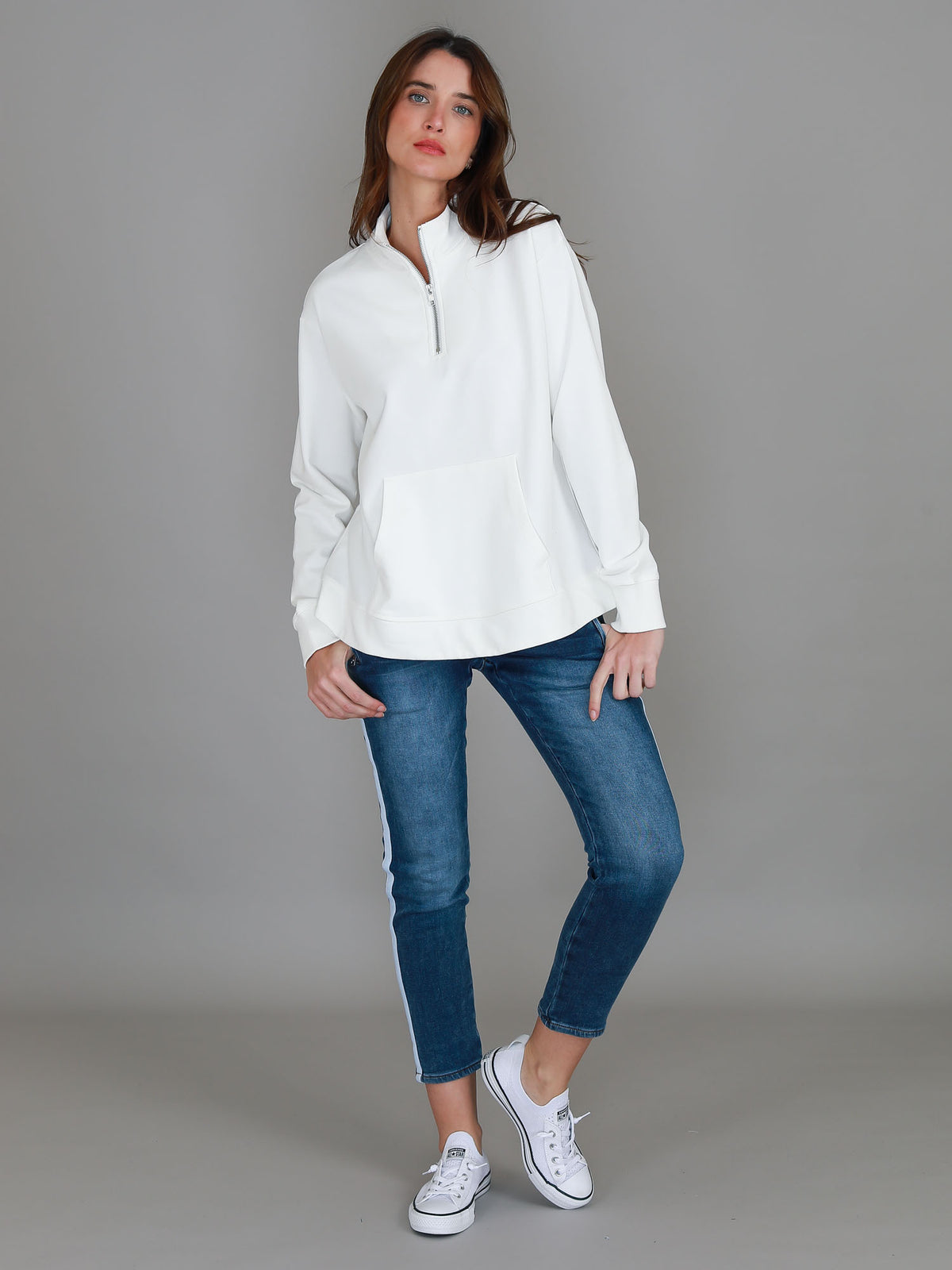 white zip neck sweatshirt