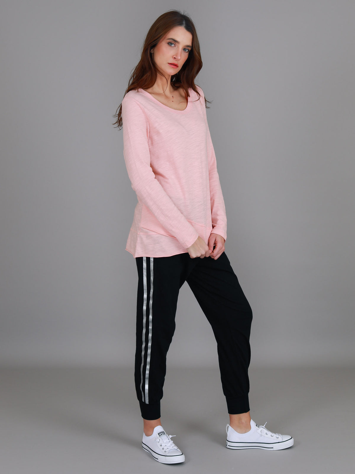 pink curved hem long sleeve tee
