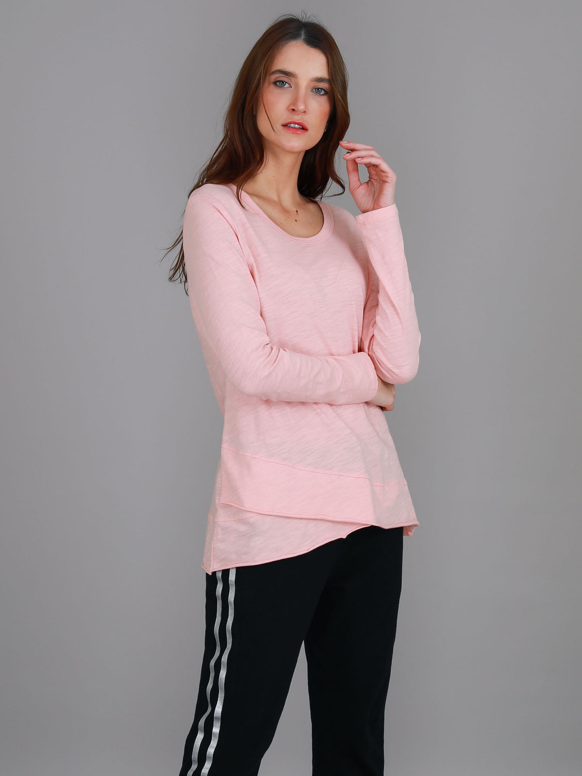 pink crew neck long sleeve tee