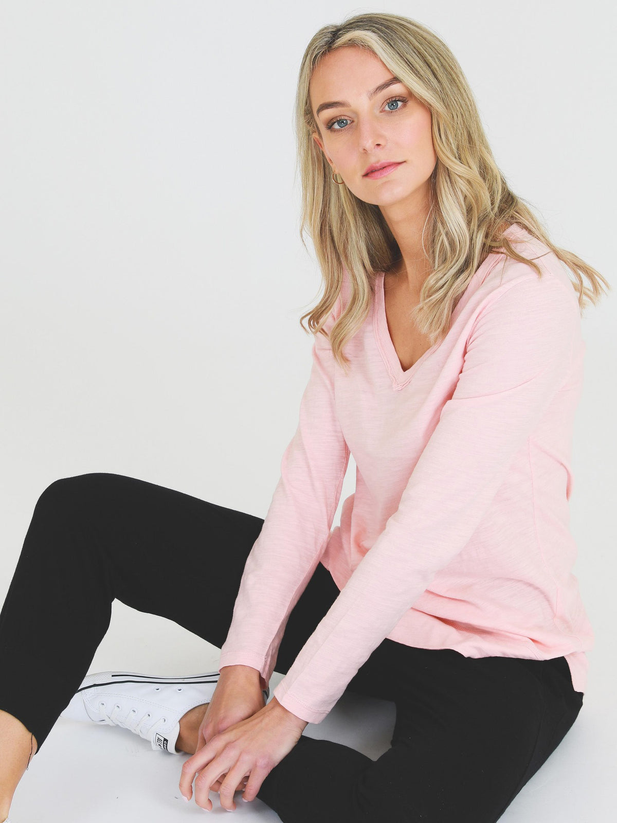 pink side split v neck tee #color_misty rose