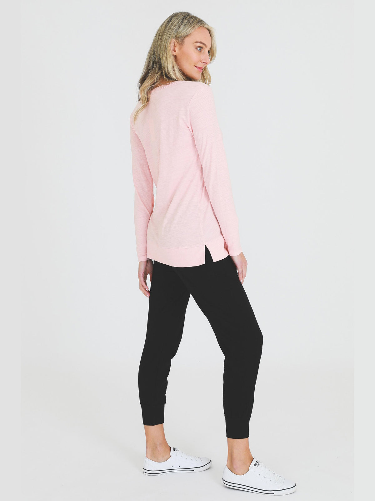 pink v neck long sleeve top #color_misty rose
